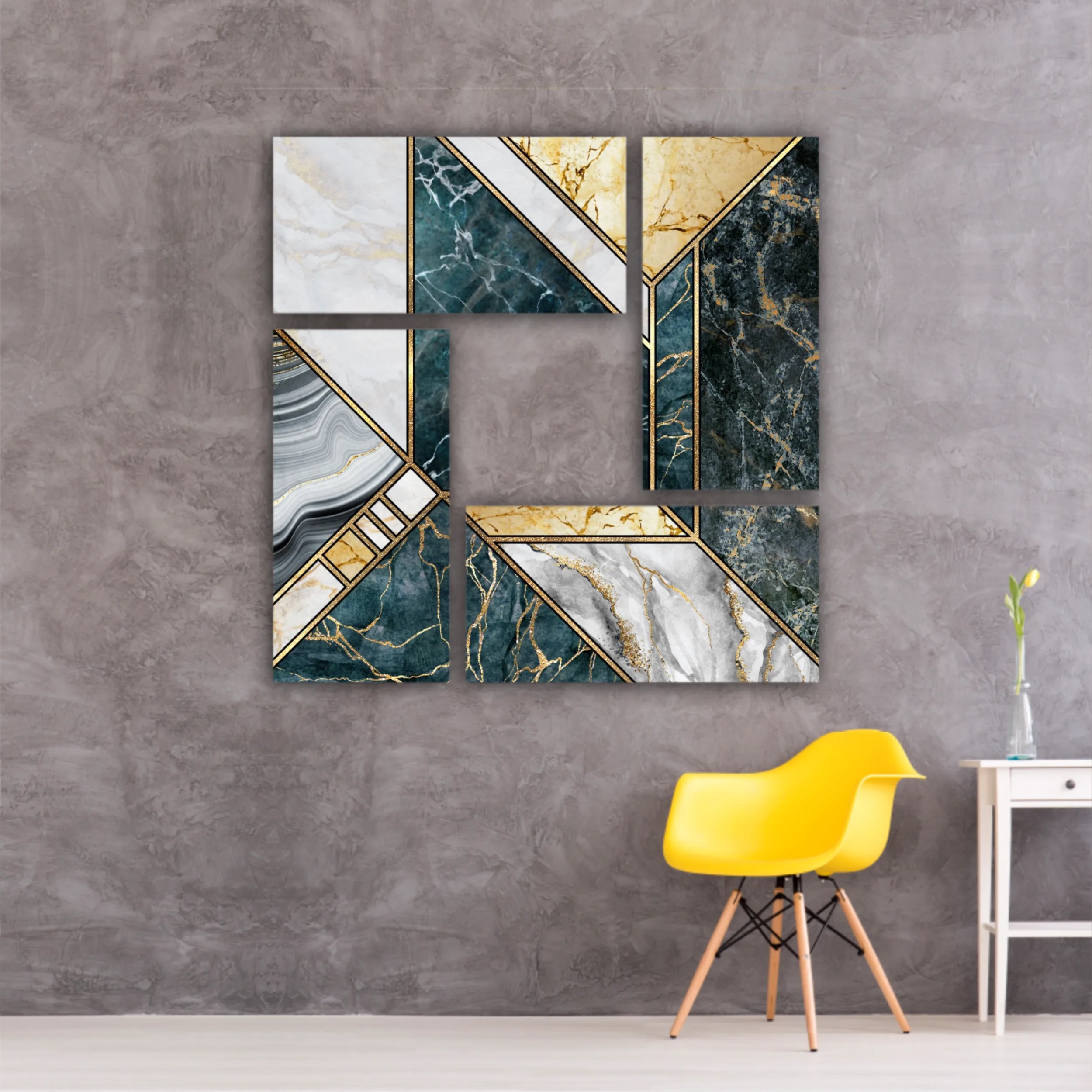 Сreative texture of marble,  modern mosaic inlay, green and gold N4