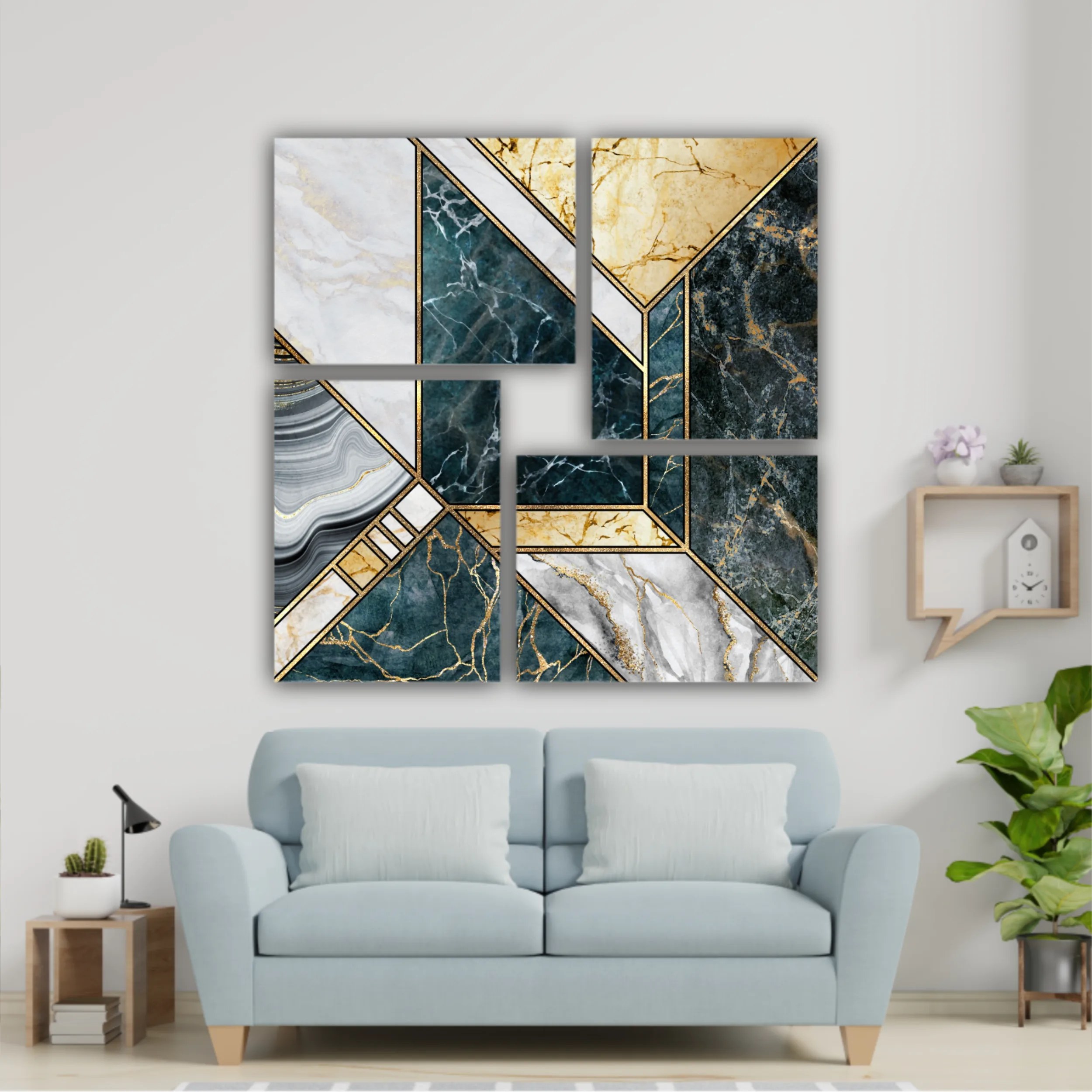 Сreative texture of marble,  modern mosaic inlay, green and gold N4