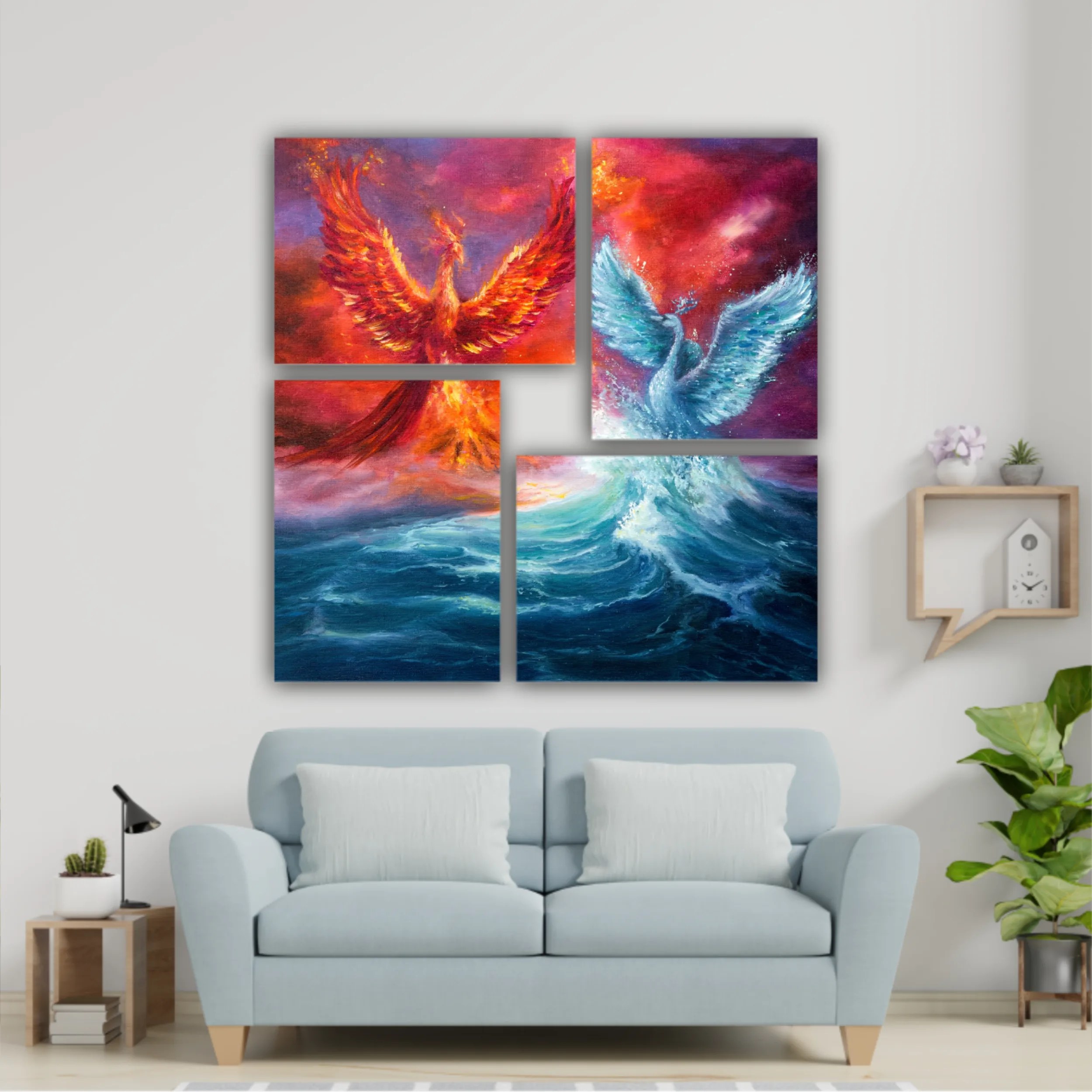  phoenix and spiritual swan from waves in ocean. Golden sunset. Modern Impressionism, modernism, marinism