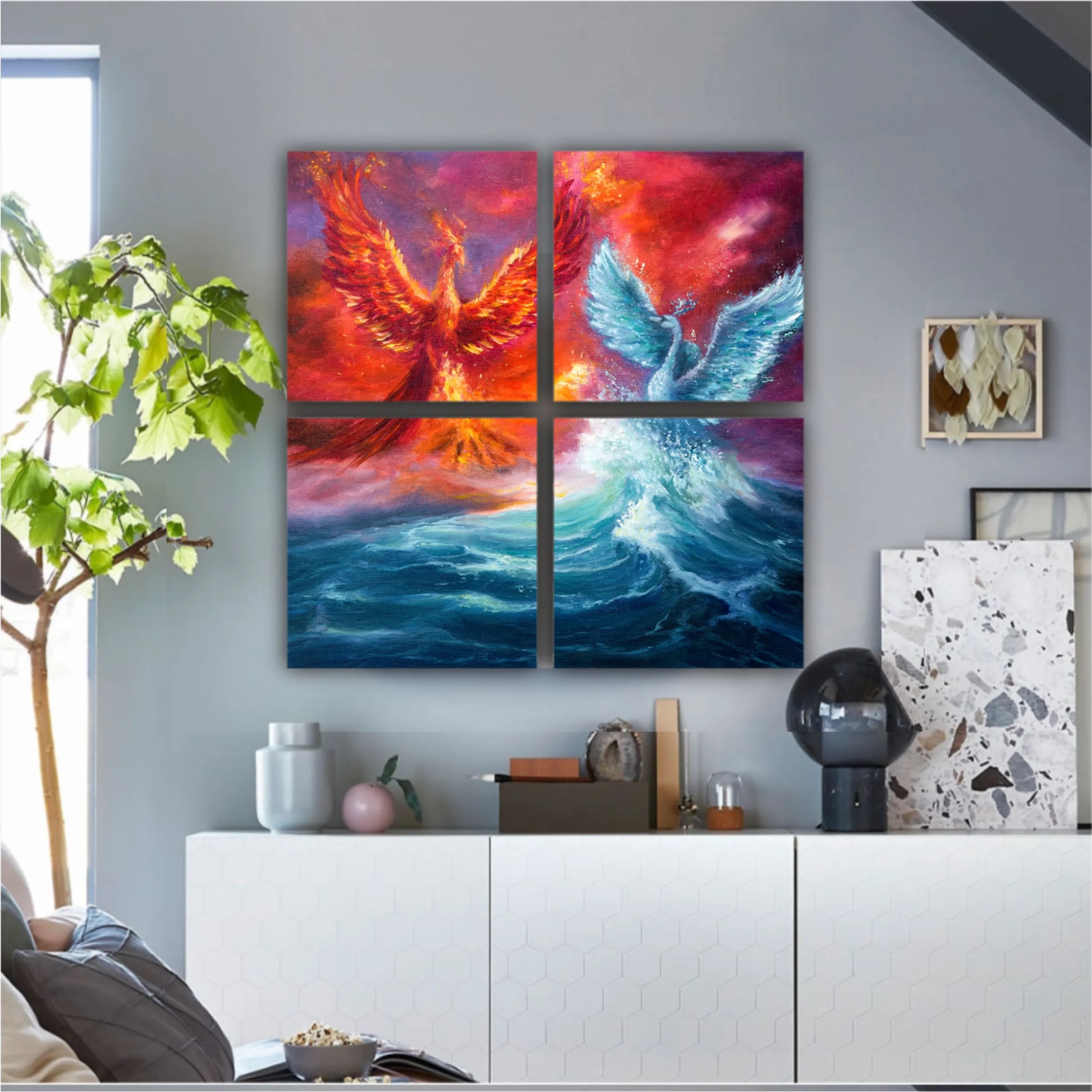  phoenix and spiritual swan from waves in ocean. Golden sunset. Modern Impressionism, modernism, marinism