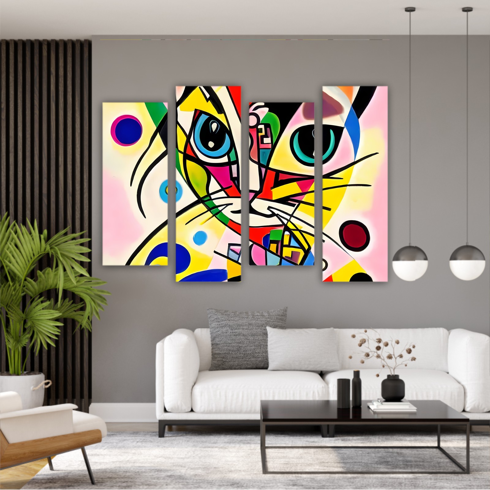 A bright and colorful abstract portrait composition of a cat designed in the style of Kandinsky and the Bauhaus art movement.