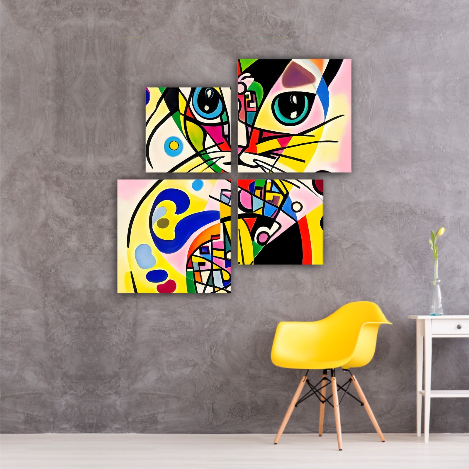 A bright and colorful abstract portrait composition of a cat designed in the style of Kandinsky and the Bauhaus art movement.