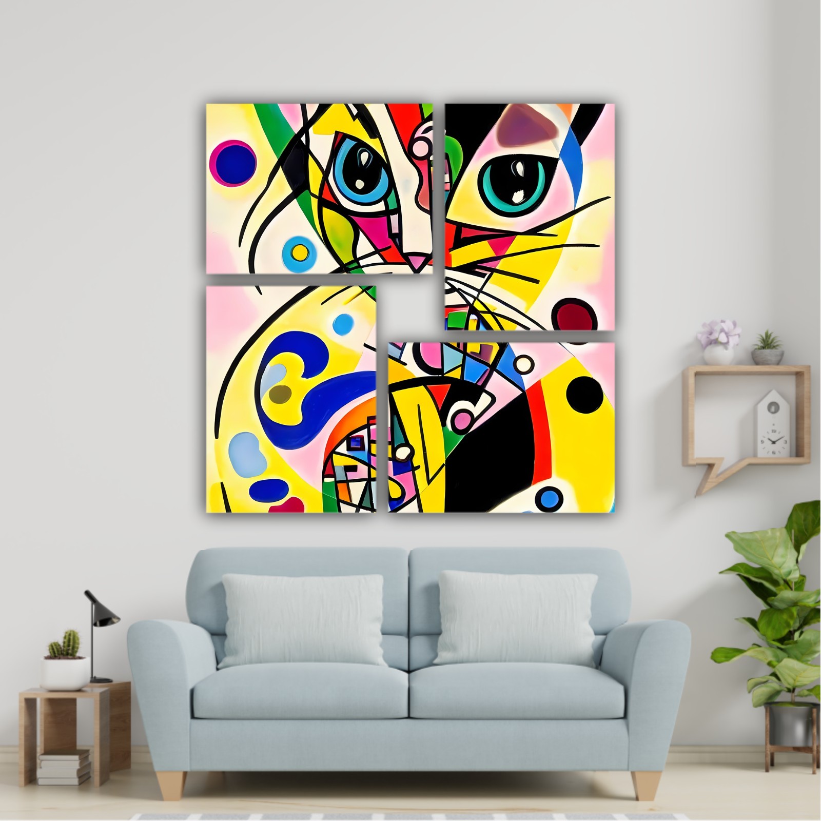 A bright and colorful abstract portrait composition of a cat designed in the style of Kandinsky and the Bauhaus art movement.