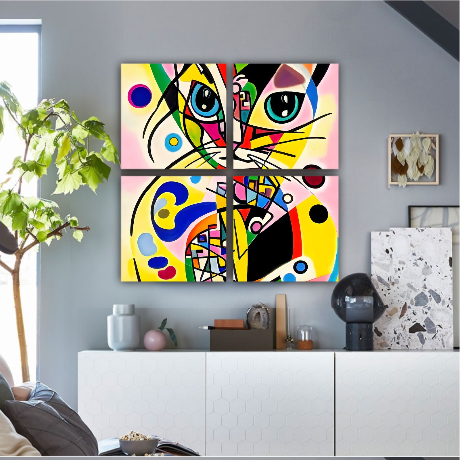 A bright and colorful abstract portrait composition of a cat designed in the style of Kandinsky and the Bauhaus art movement.