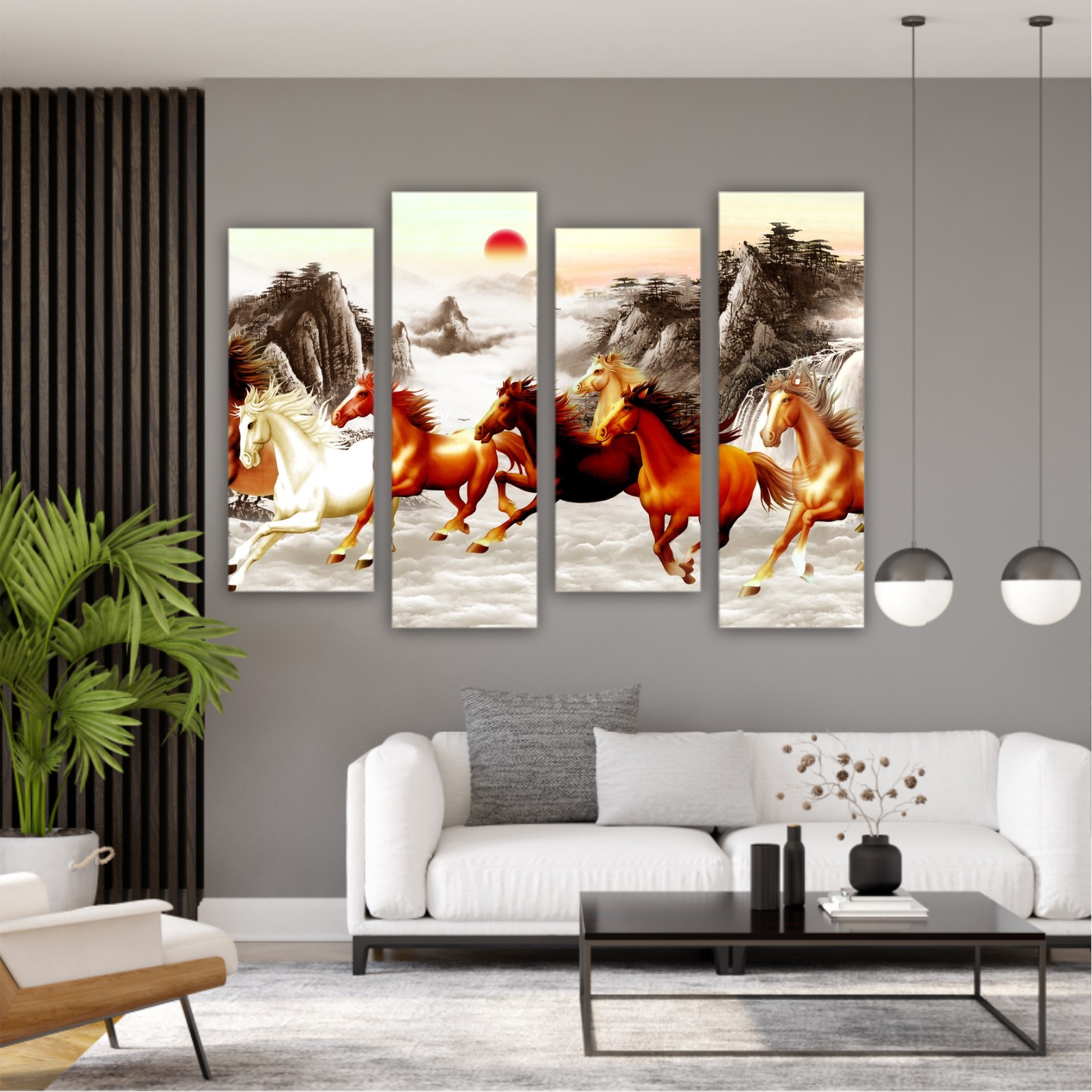 Abstract painting  with galloping horses and a red moon on backround