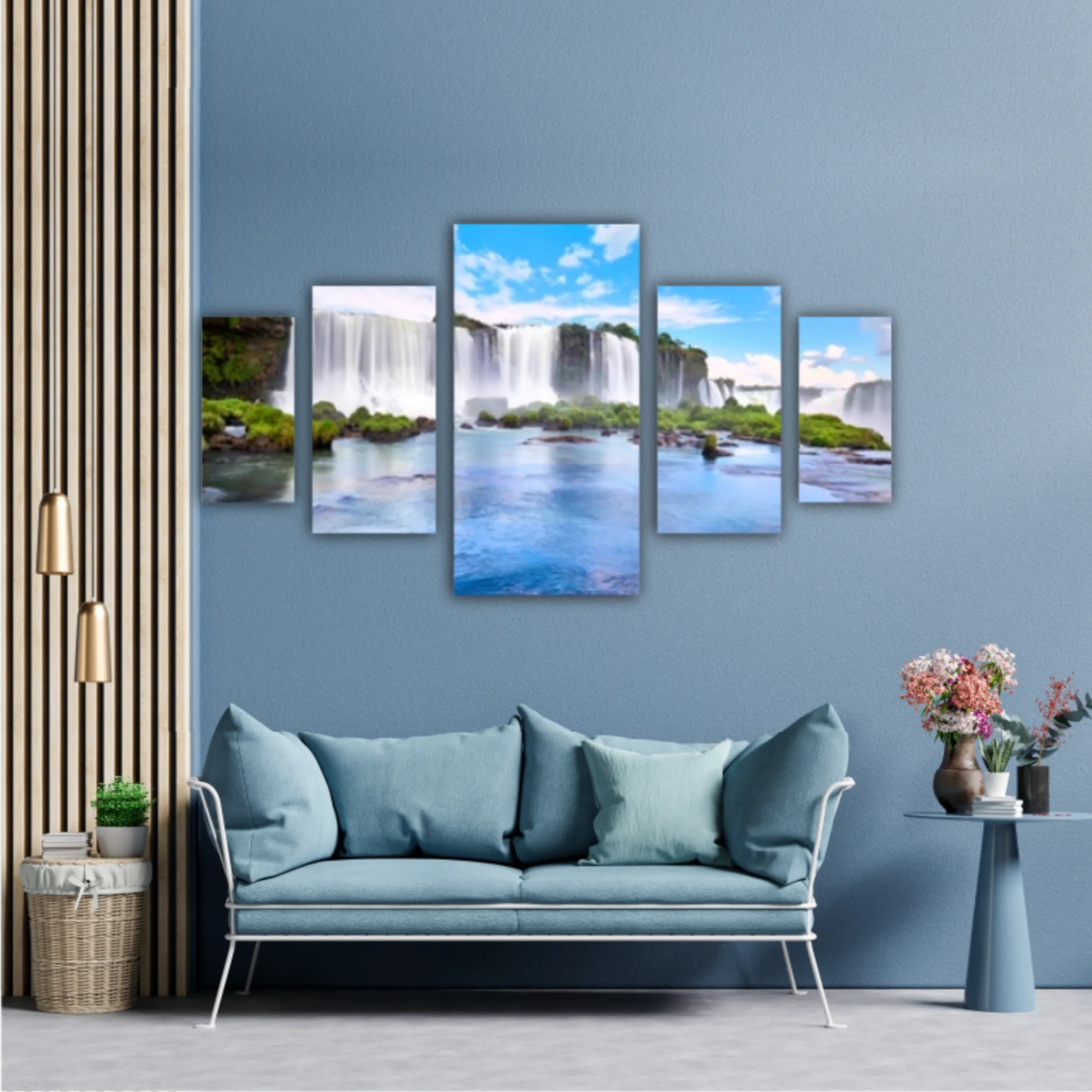 Panoramic view of many majestic powerful water cascades with mist and reflection of blue sky with clouds. Panoramic image of Iguazu valley