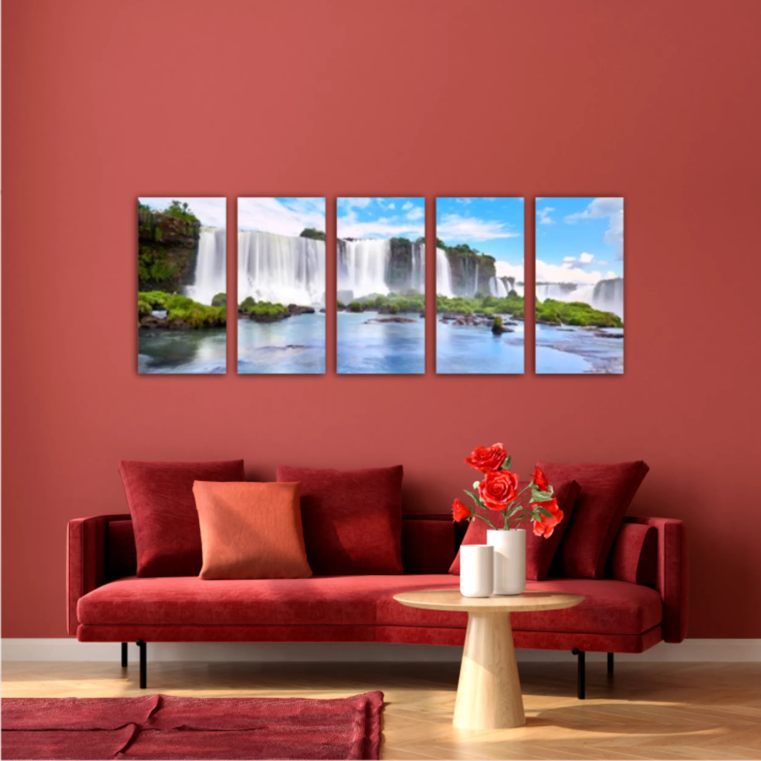 Panoramic view of many majestic powerful water cascades with mist and reflection of blue sky with clouds. Panoramic image of Iguazu valley