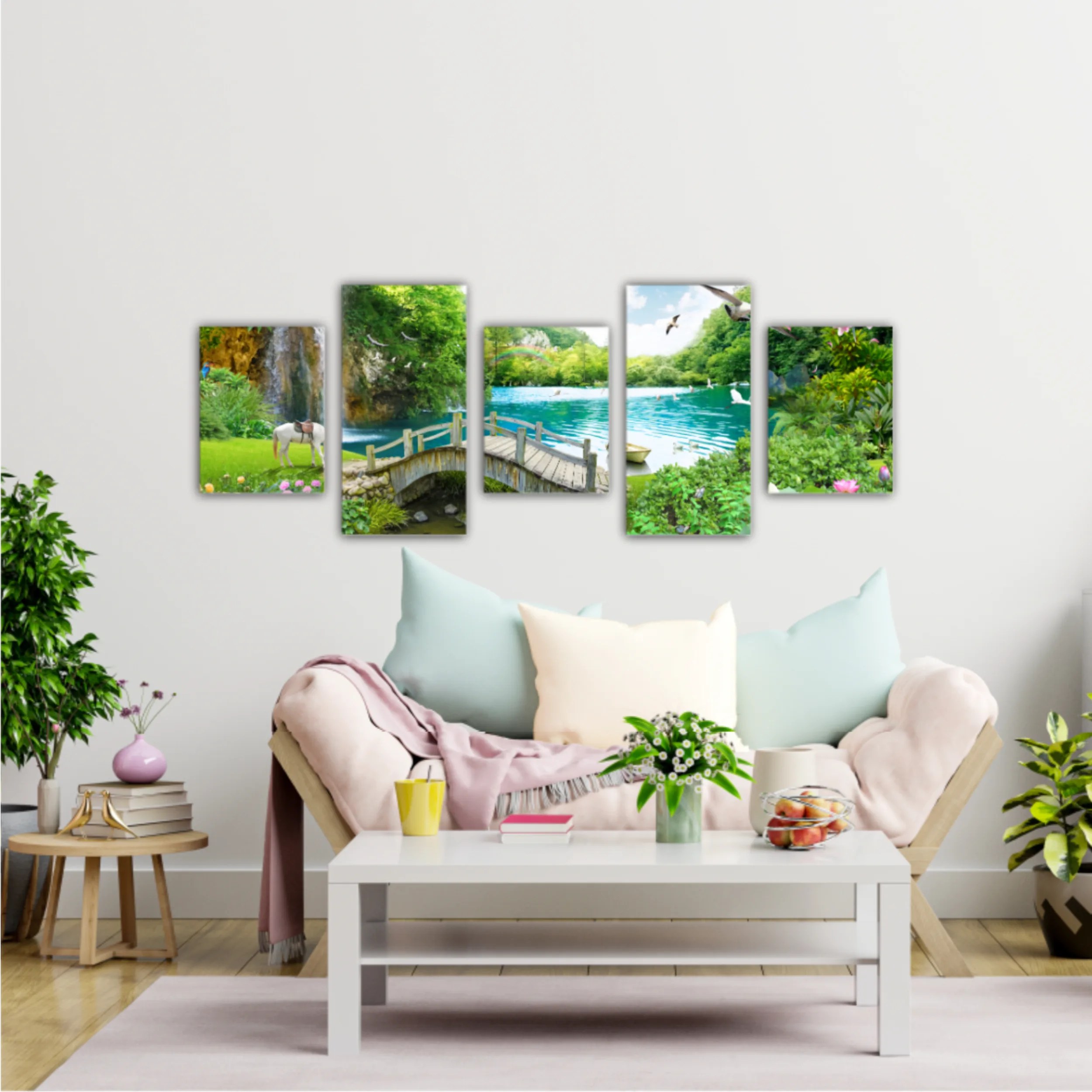 tropical view with waterfall, lake, bird, white horse and wood bridge