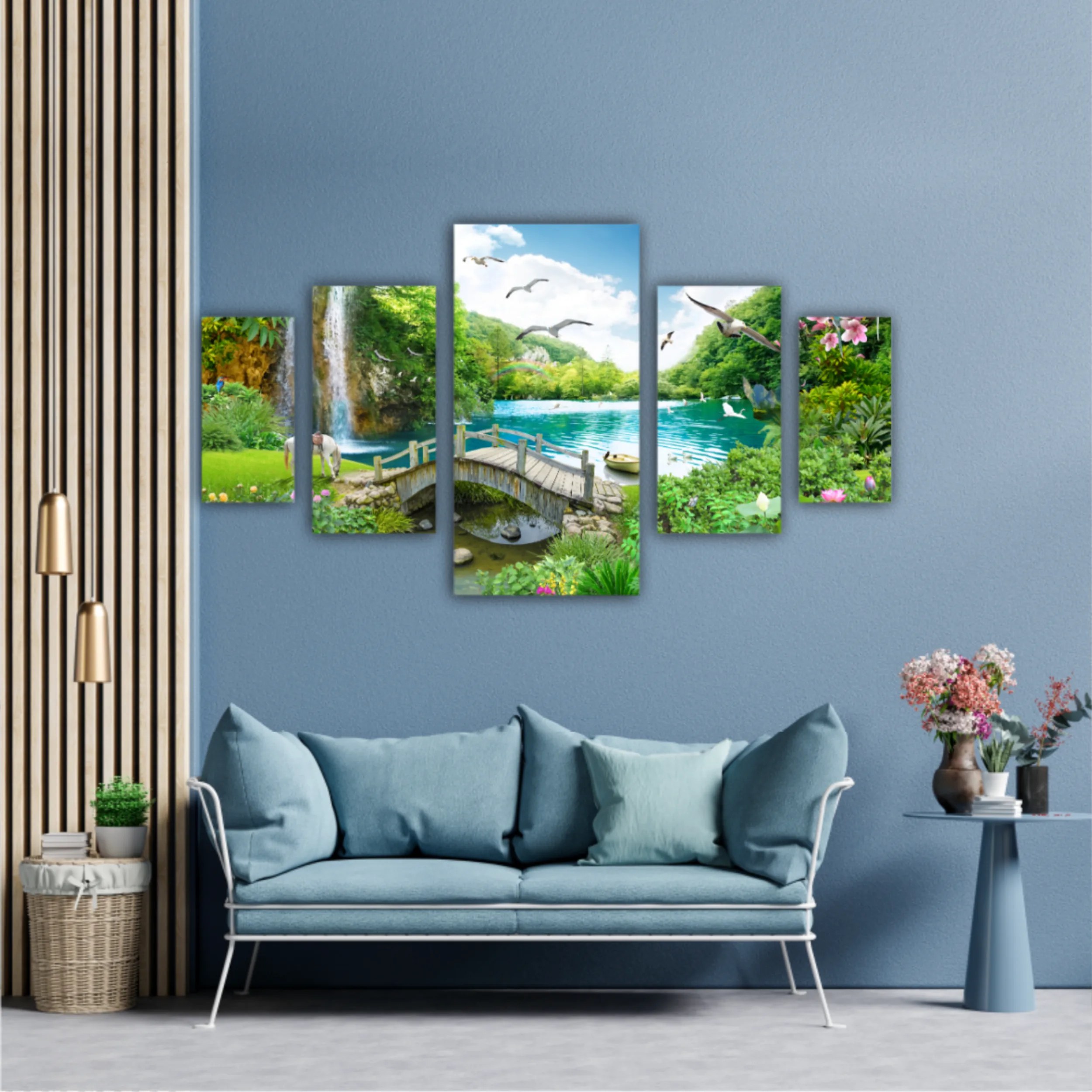 tropical view with waterfall, lake, bird, white horse and wood bridge