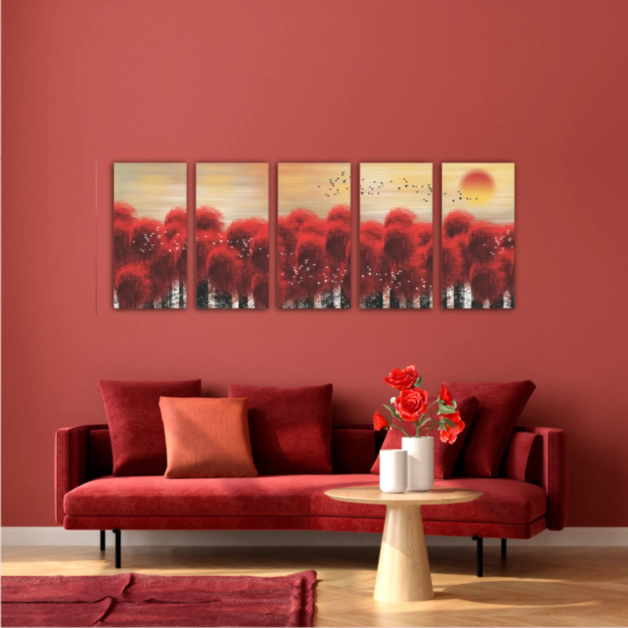 3d illustration image of red tree forest and flock of birds flying in the sky