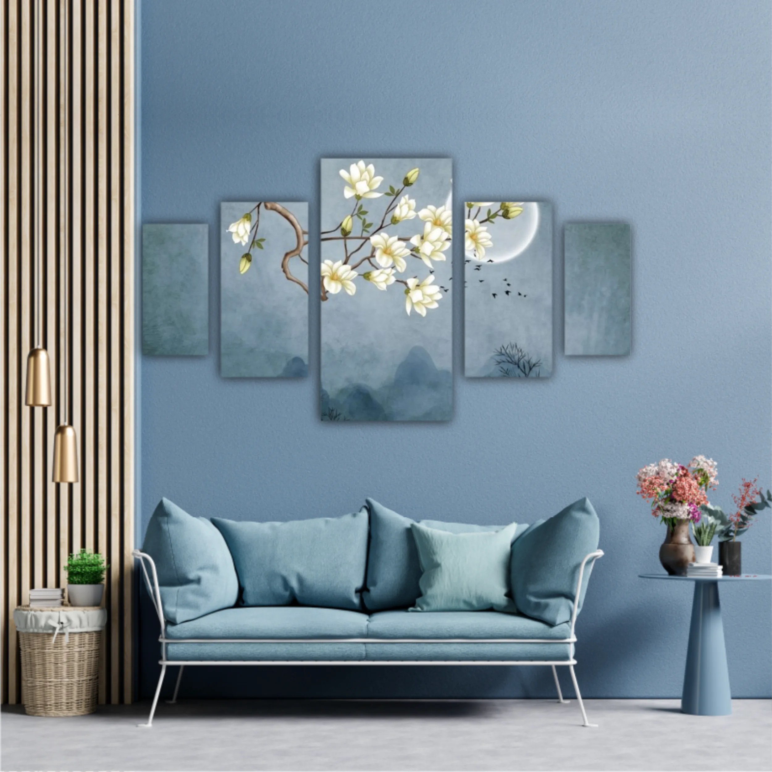 3d illustration of flowers, moon, flock of birds and mountains