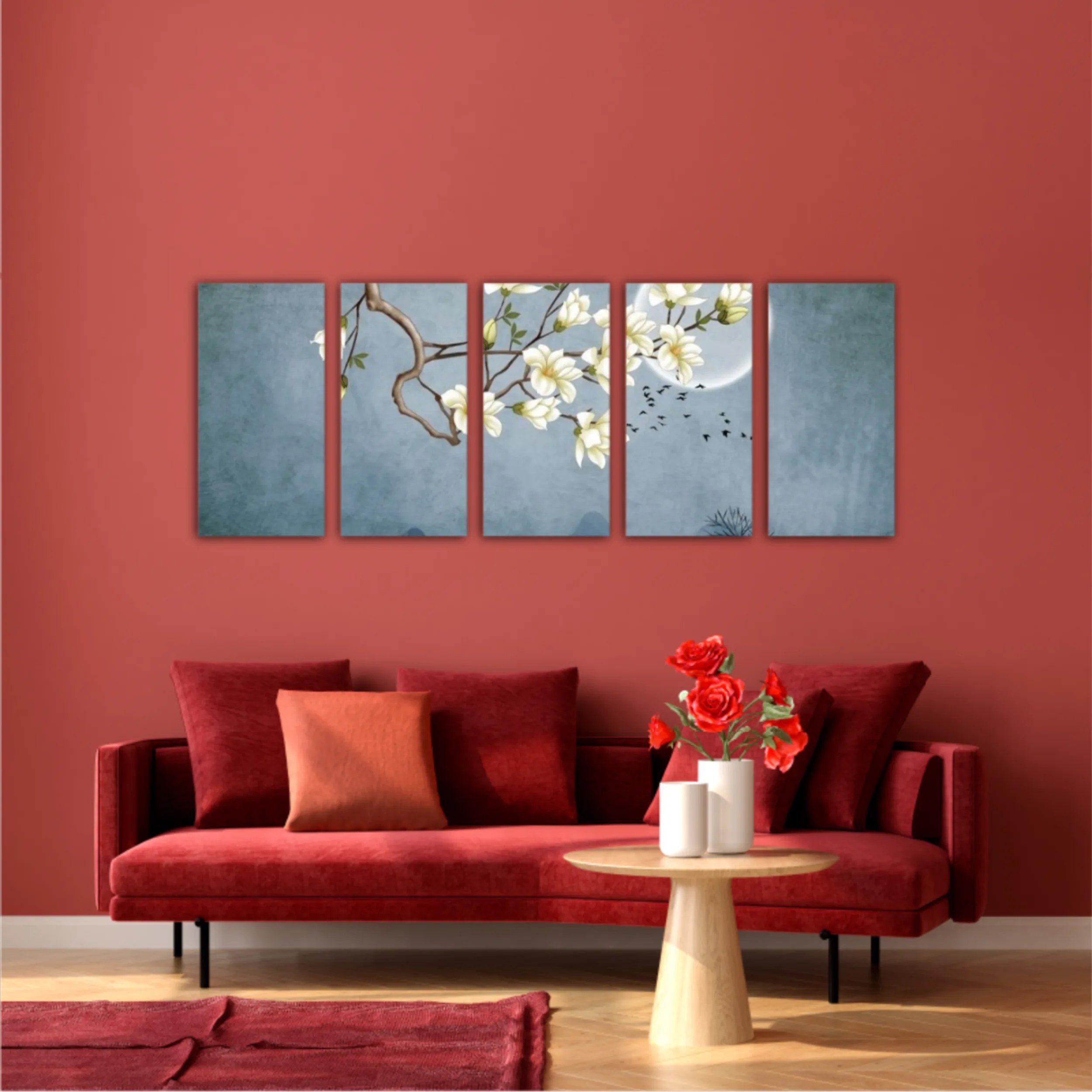 3d illustration of flowers, moon, flock of birds and mountains