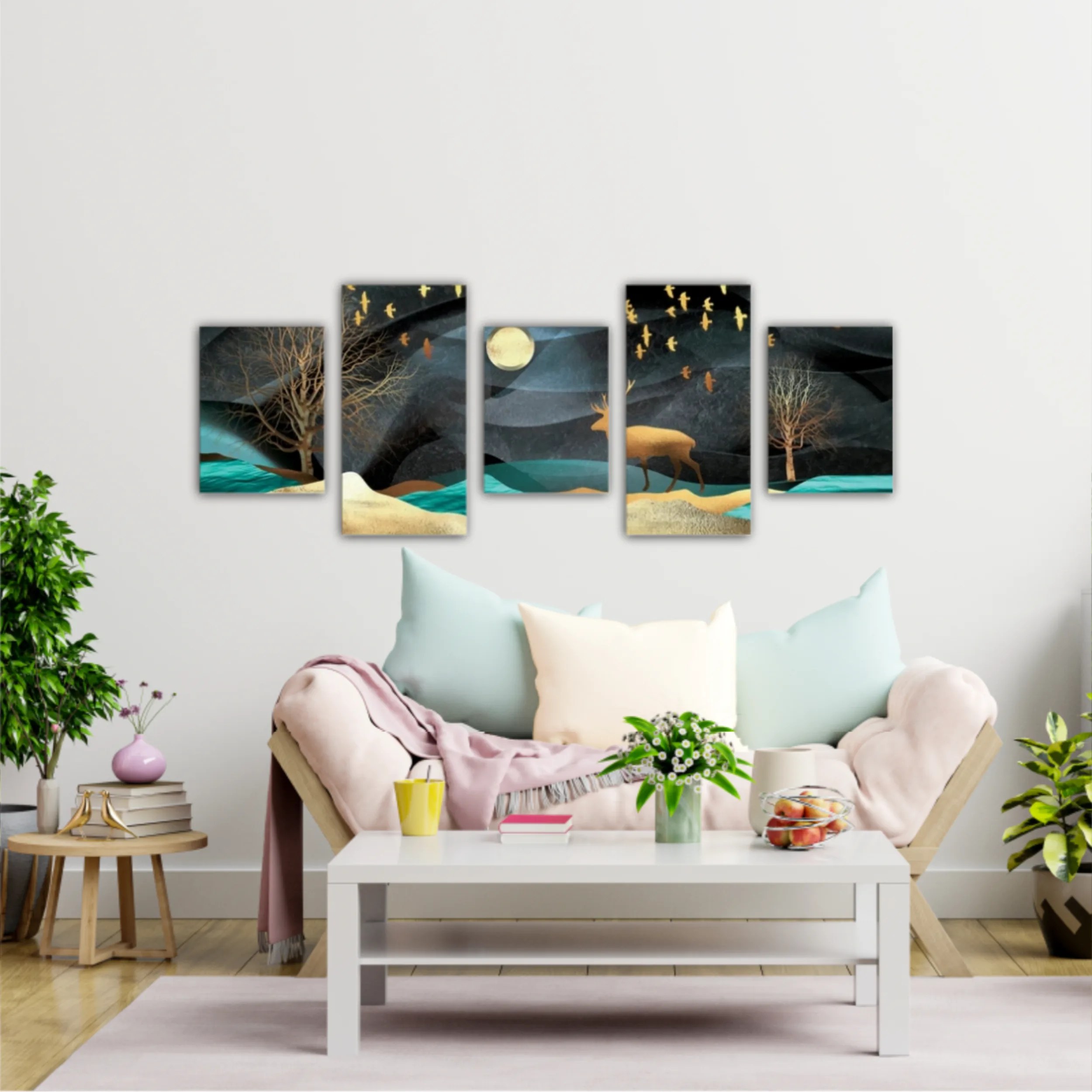 3d illustration of moon, deer and flock of flying birds