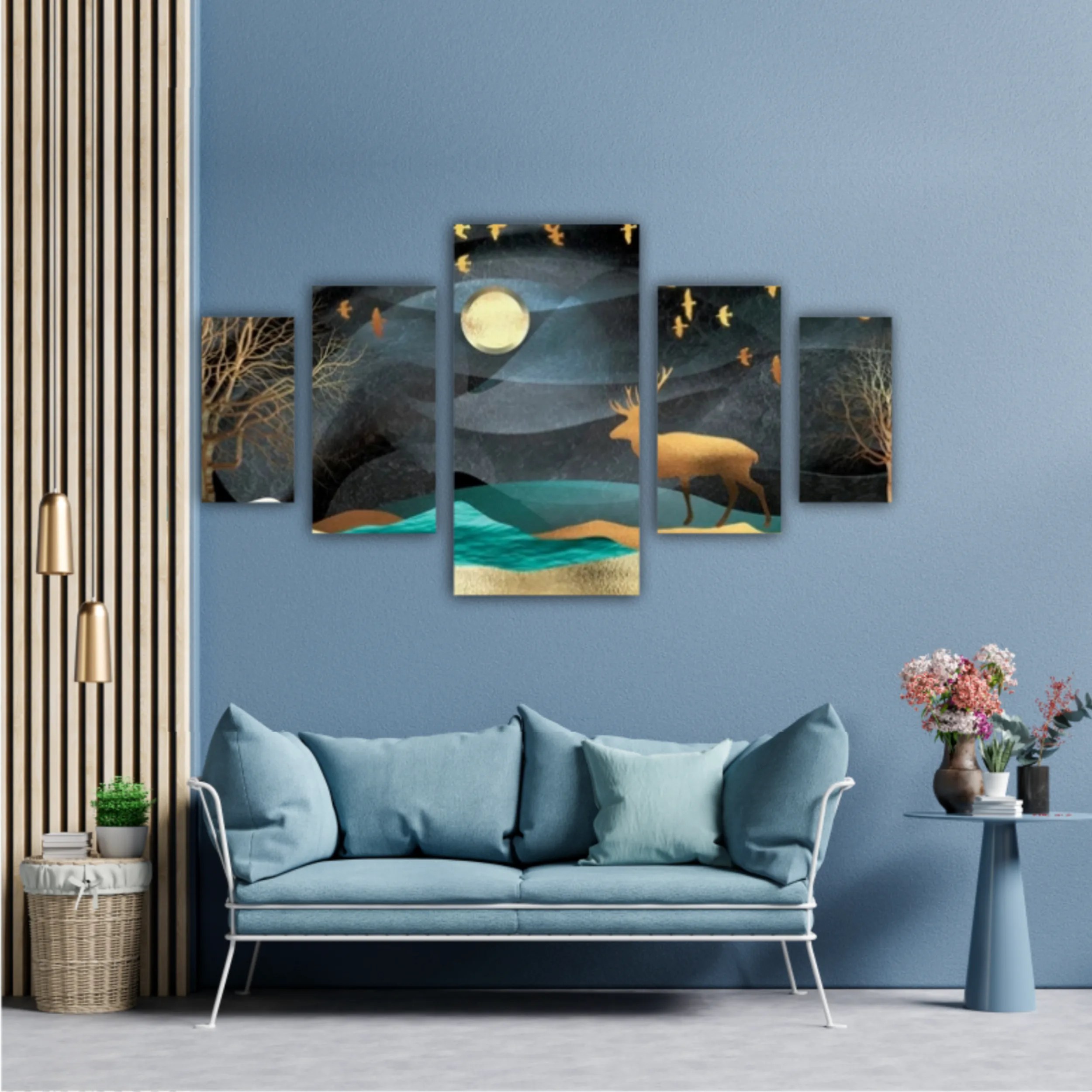 3d illustration of moon, deer and flock of flying birds