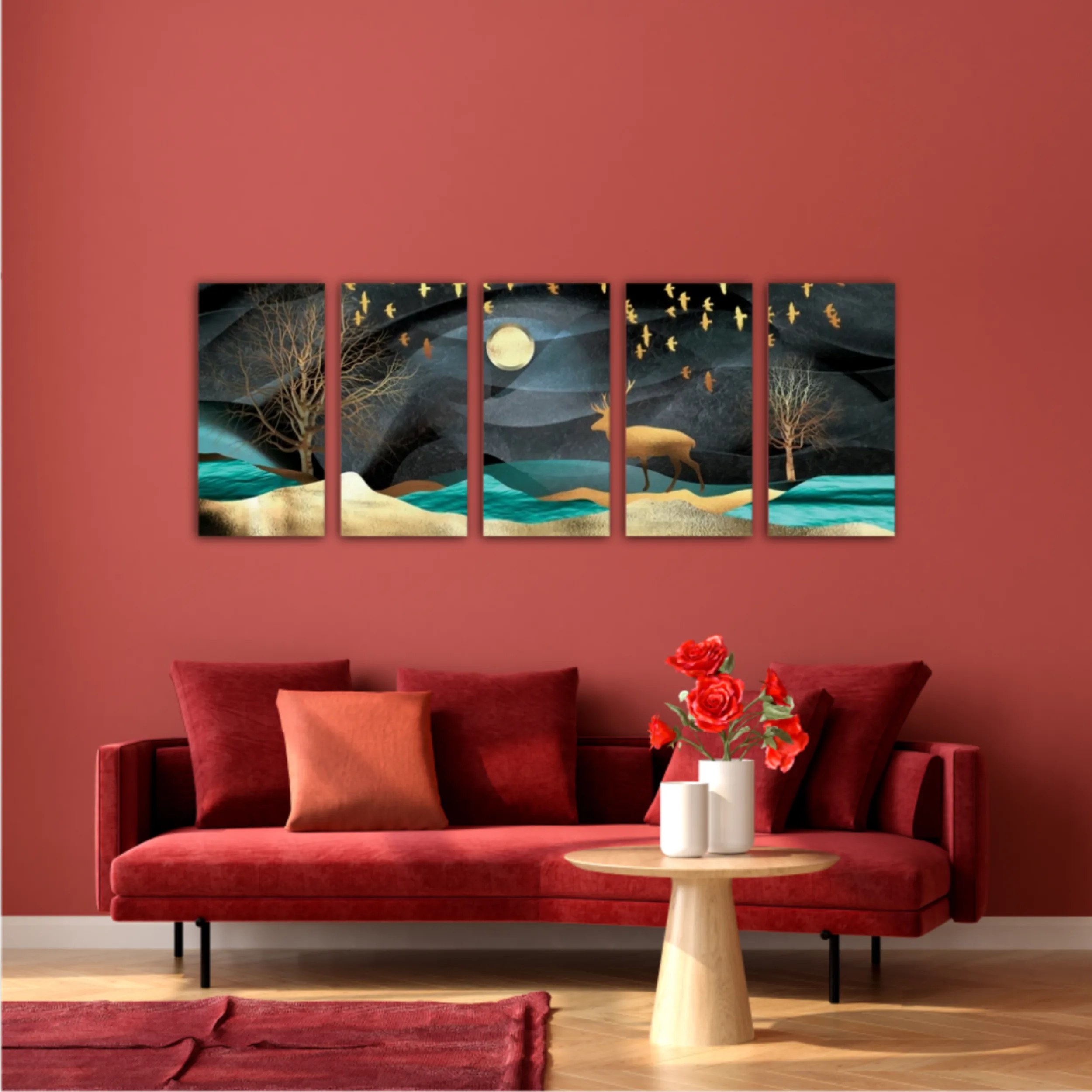 3d illustration of moon, deer and flock of flying birds