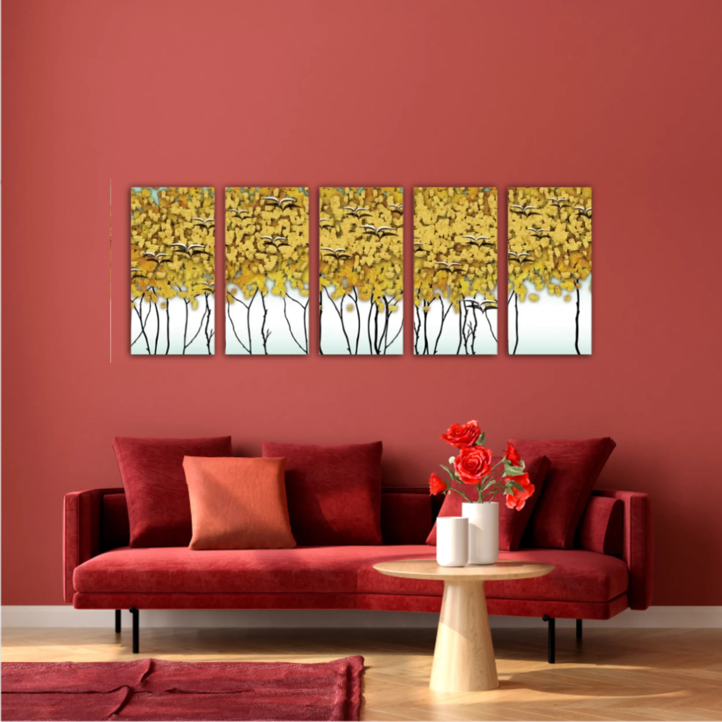 3d illustration of flock of flying birds and trees