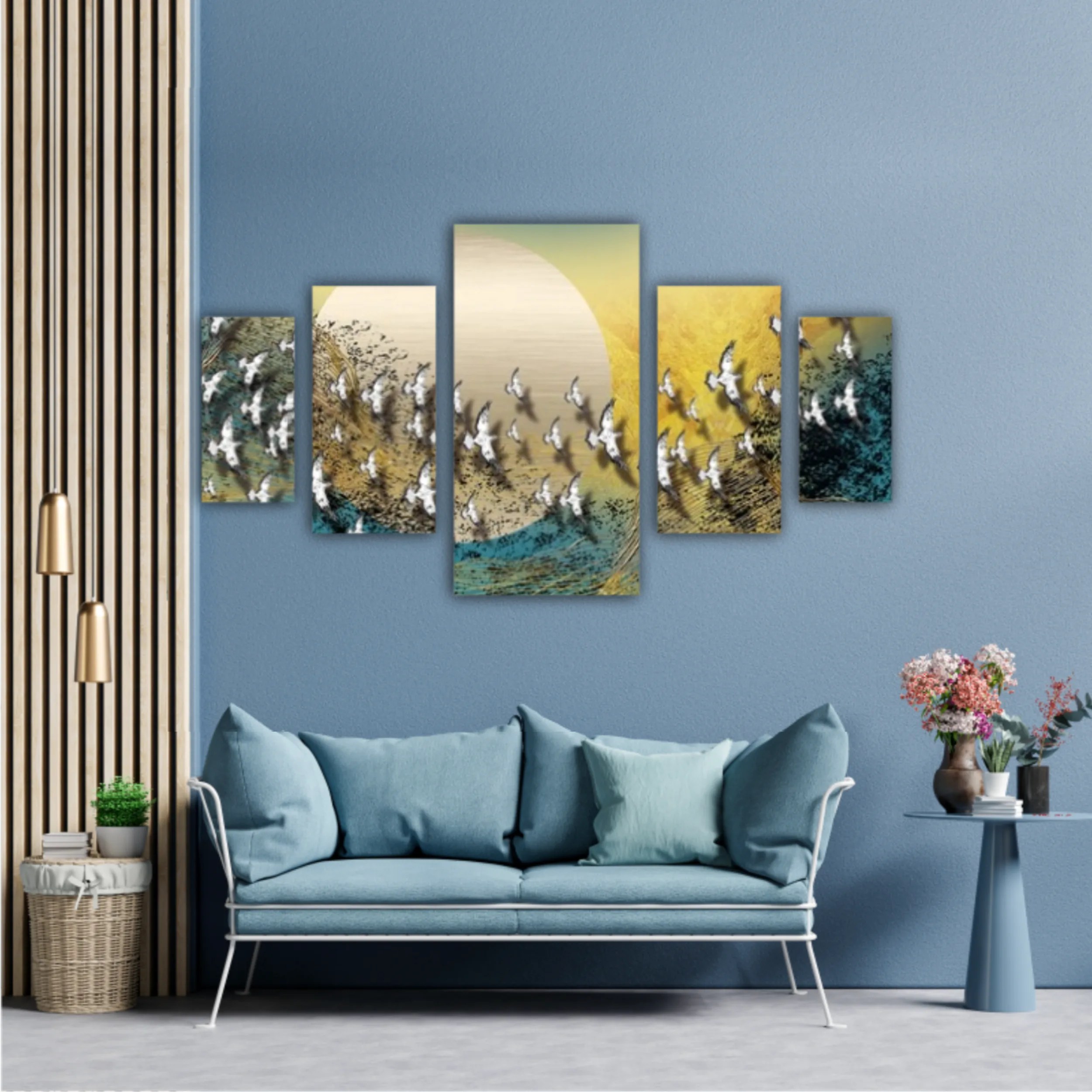 3d illustration of white flock of birds flying over the moon. Luxurious abstract art digital painting