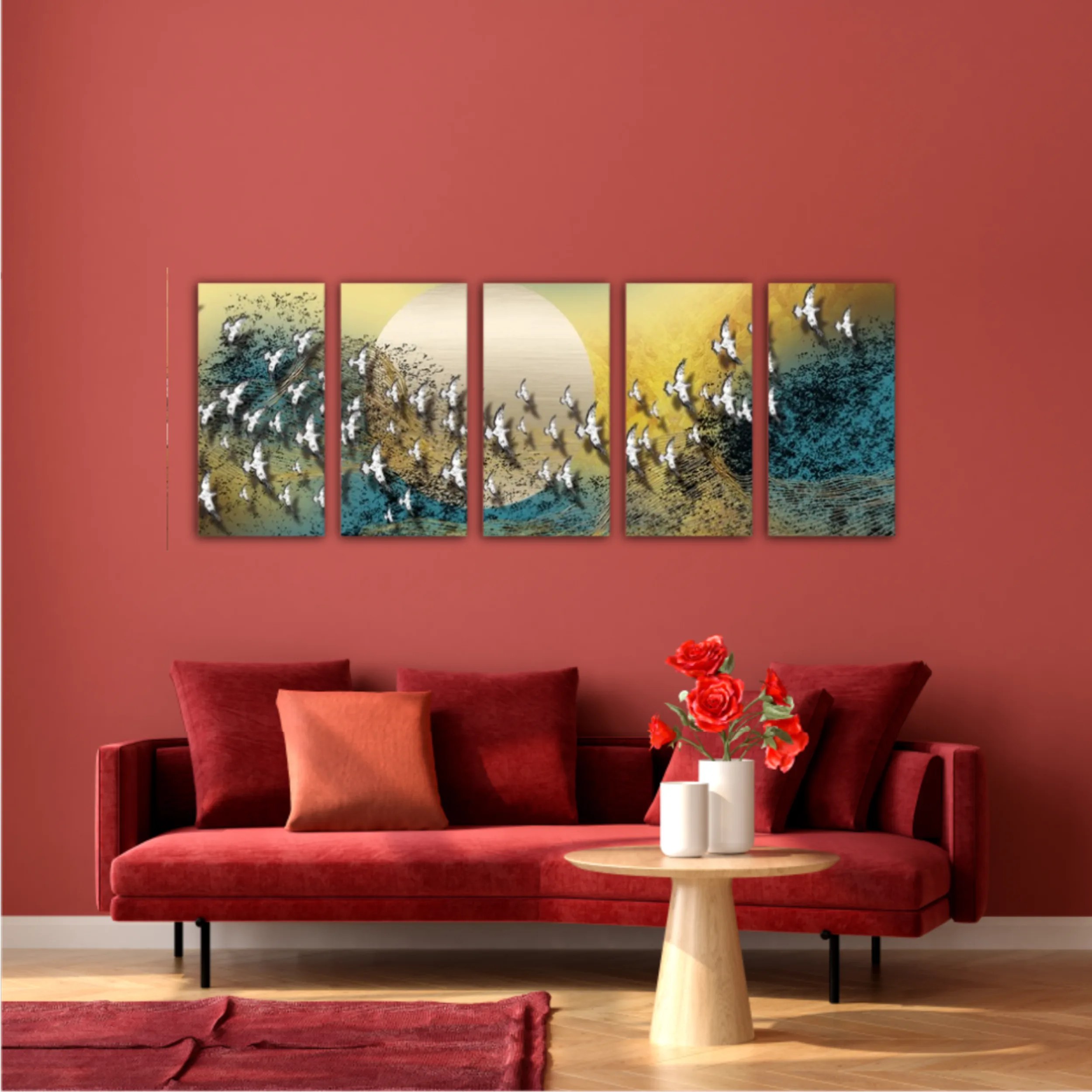 3d illustration of white flock of birds flying over the moon. Luxurious abstract art digital painting