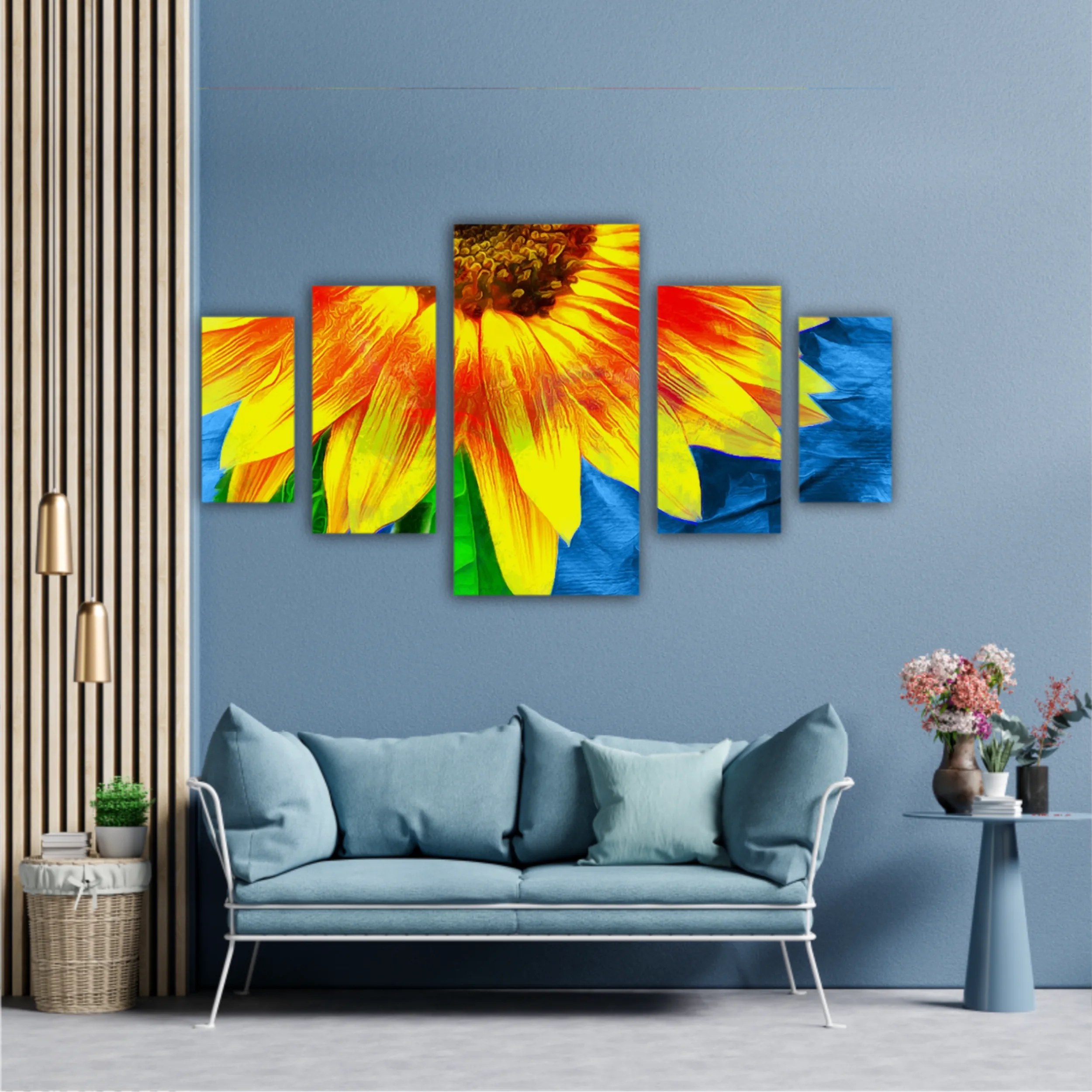 Yellow sunflowers on blue abstract background N1