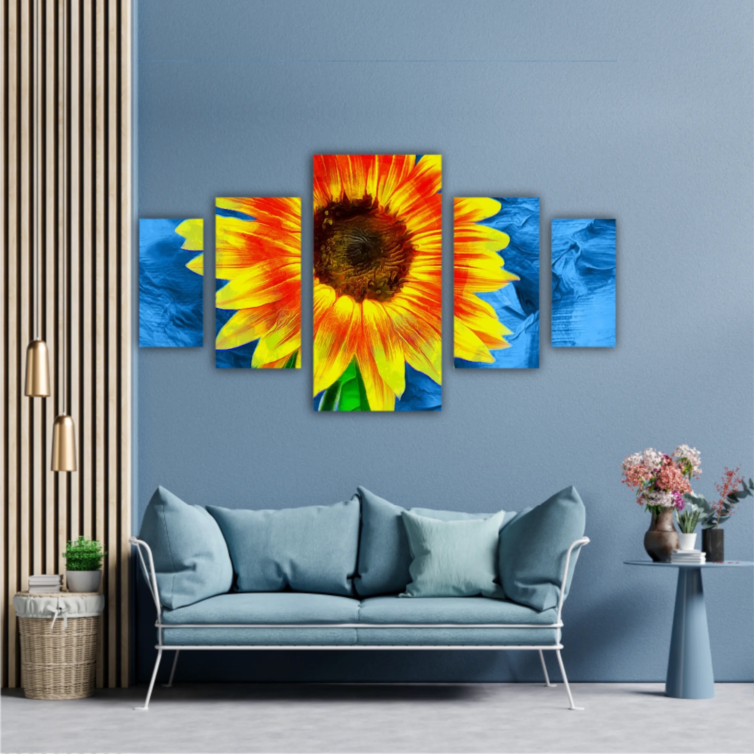 Yellow sunflowers on blue abstract background N2