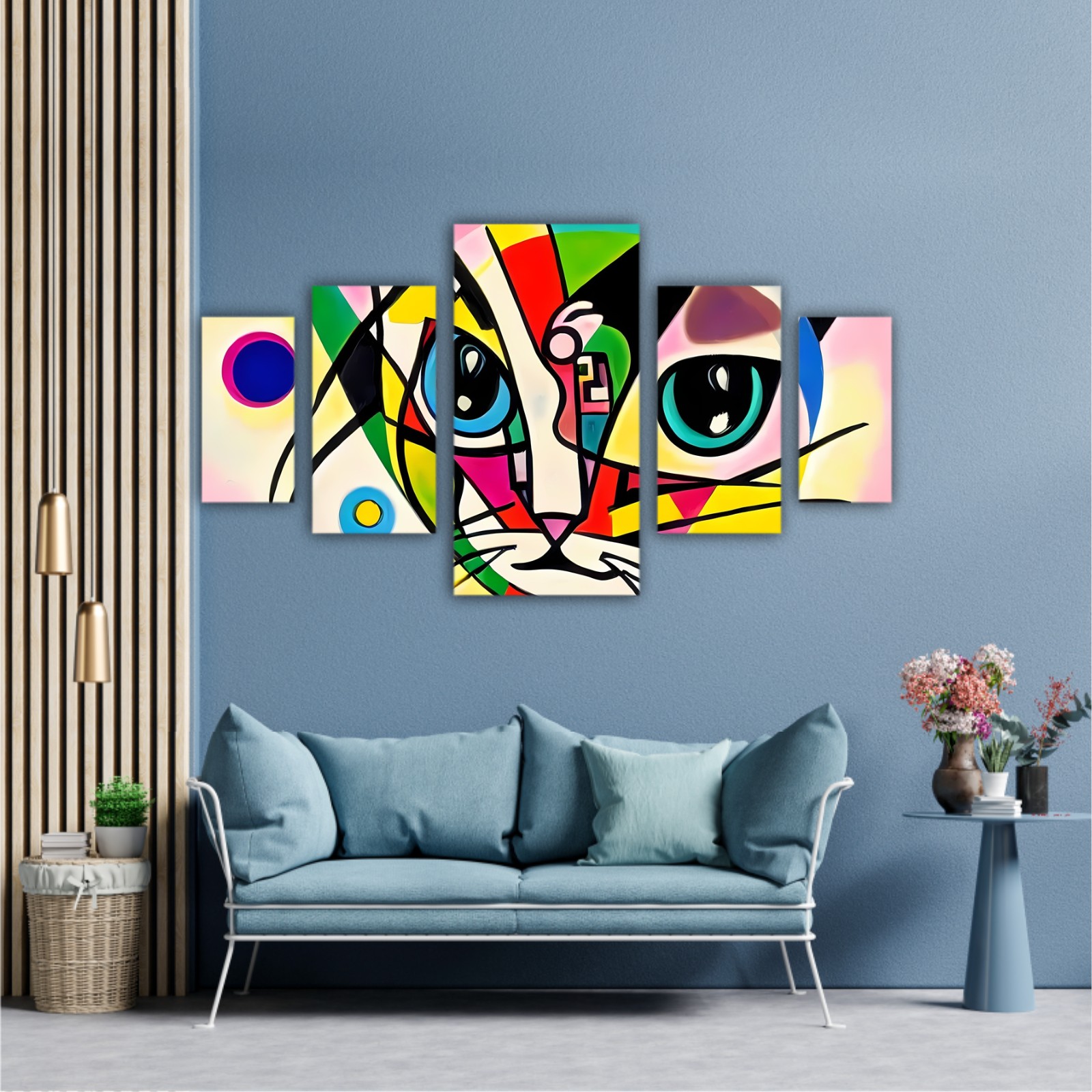 A bright and colorful abstract portrait composition of a cat designed in the style of Kandinsky and the Bauhaus art movement.