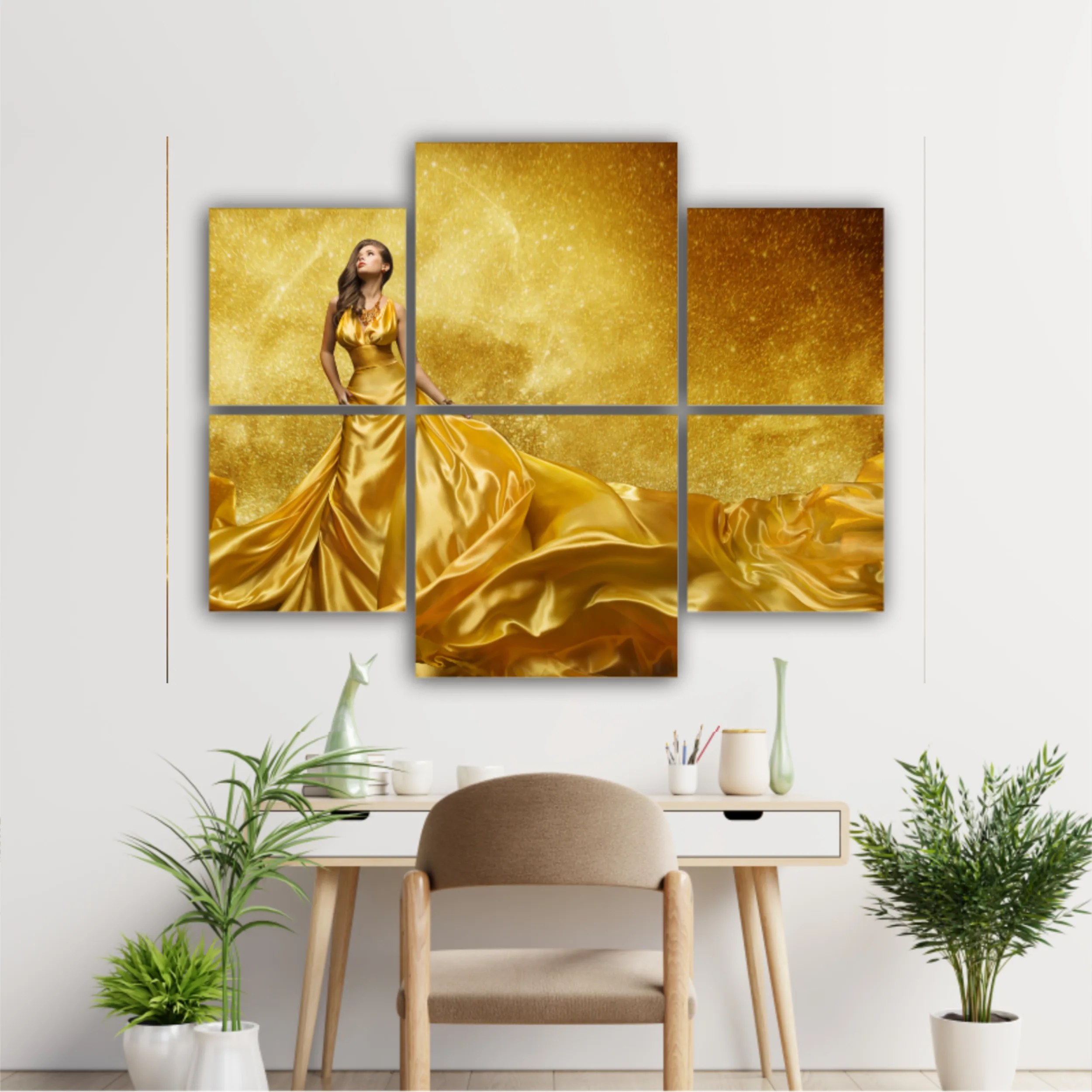 Gold Fashion Model Dress, Woman In Golden Silk Gown Flowing Fabric. Beautiful Girl on Stars Sky looking up