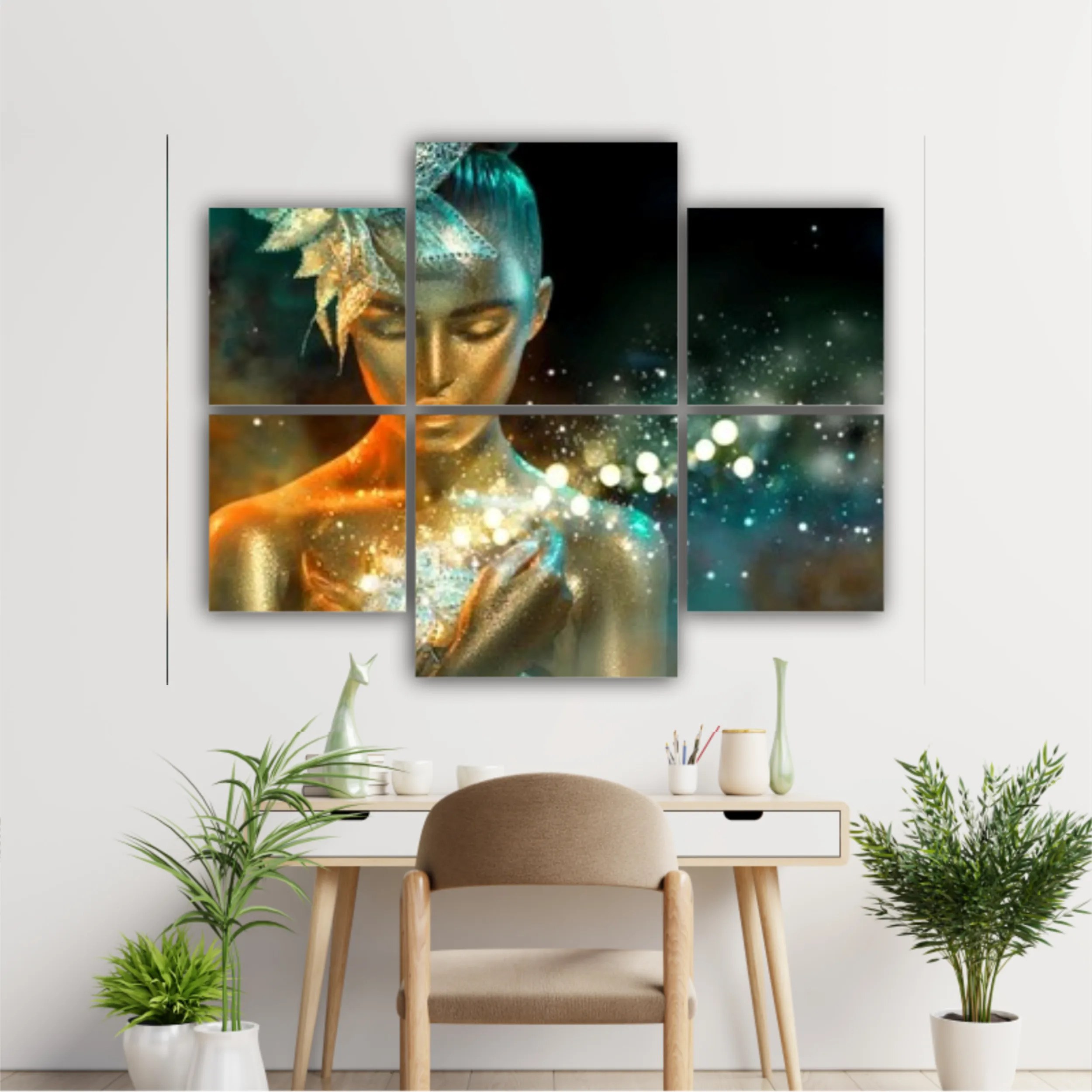 High Fashion model woman in colorful bright golden sparkles and neon lights posing with fantasy flower, portrait of beautiful girl glowing make-up