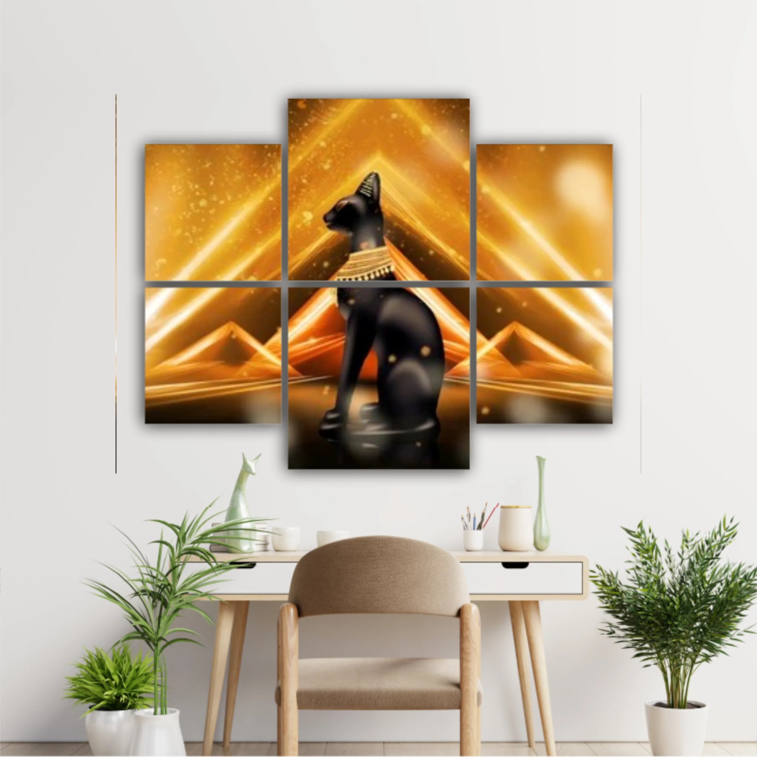 Egyptian background, a hall with columns in the golden light, the rays of light. Egyptian goddess Bastet. Background Ancient Egypt. 3D illustration