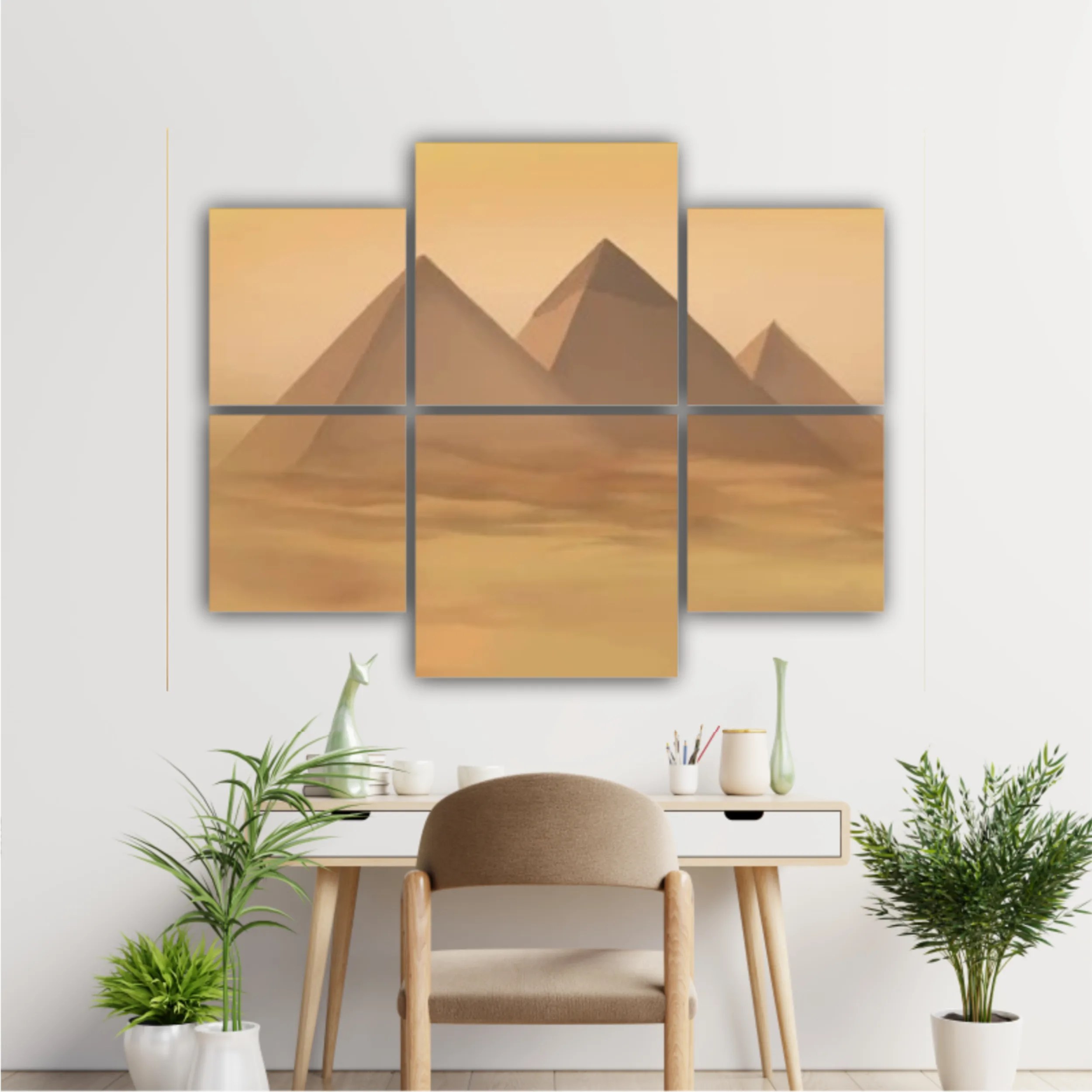 Desert landscape with pyramids. Sandstorm, camel caravan