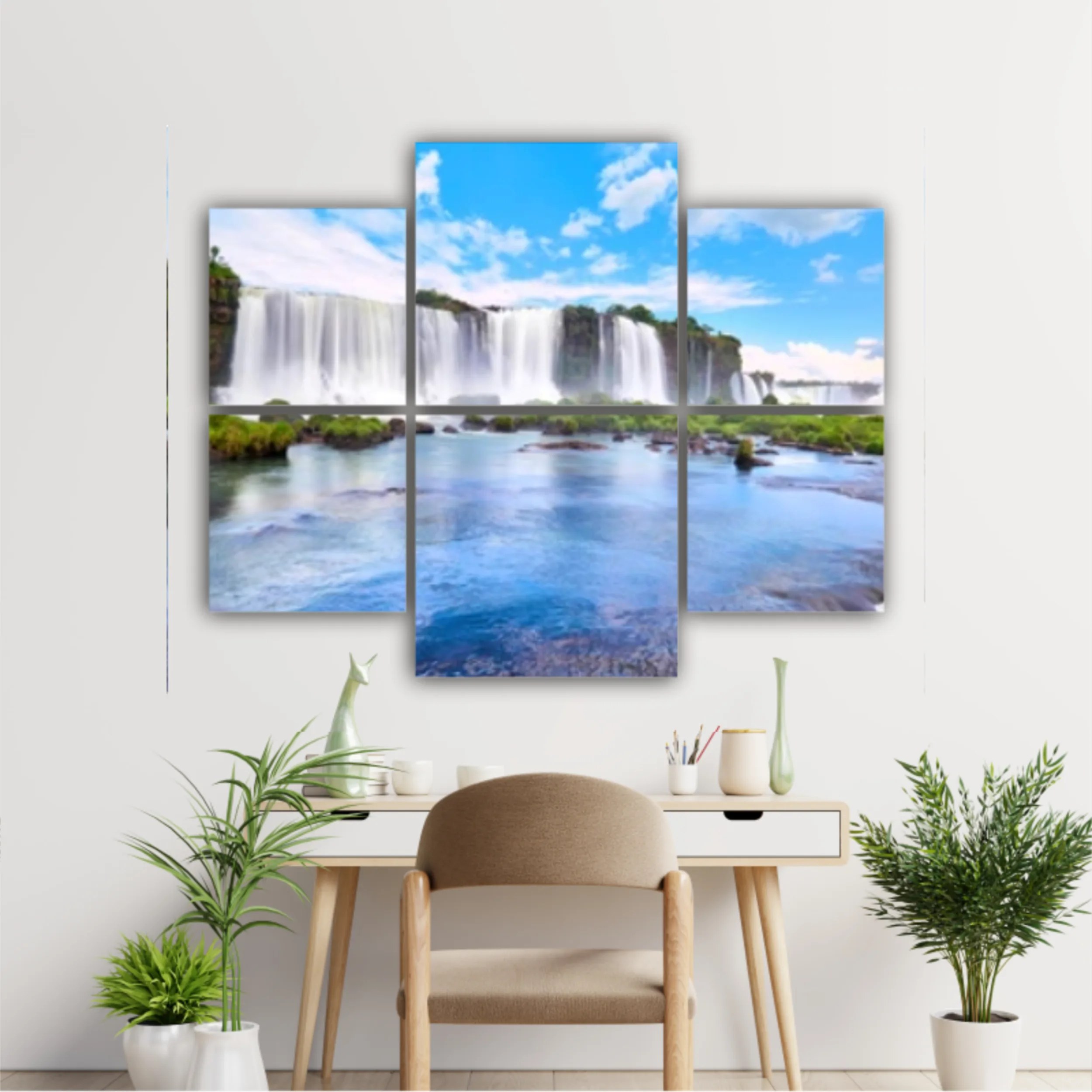 Panoramic view of many majestic powerful water cascades with mist and reflection of blue sky with clouds. Panoramic image of Iguazu valley