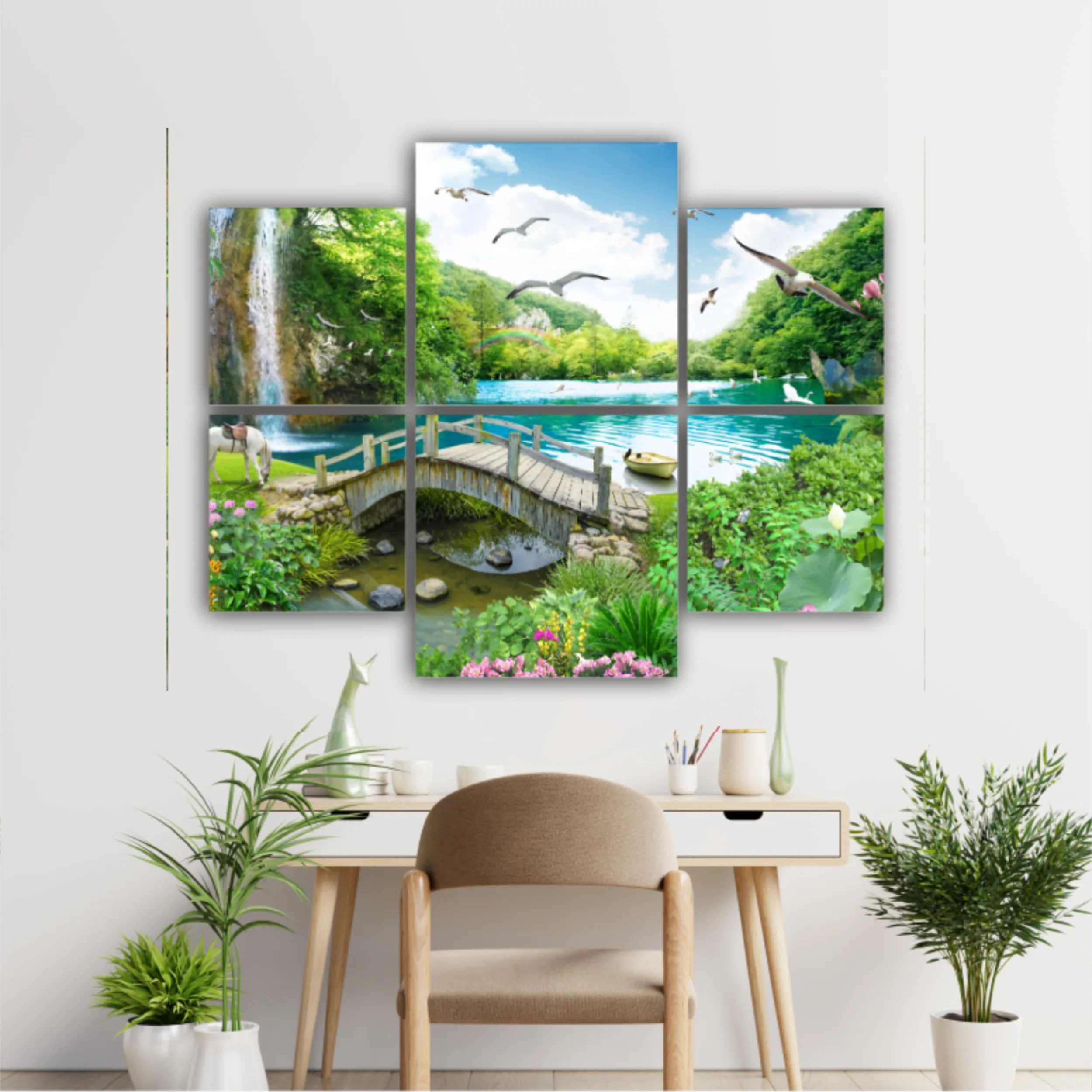 tropical view with waterfall, lake, bird, white horse and wood bridge