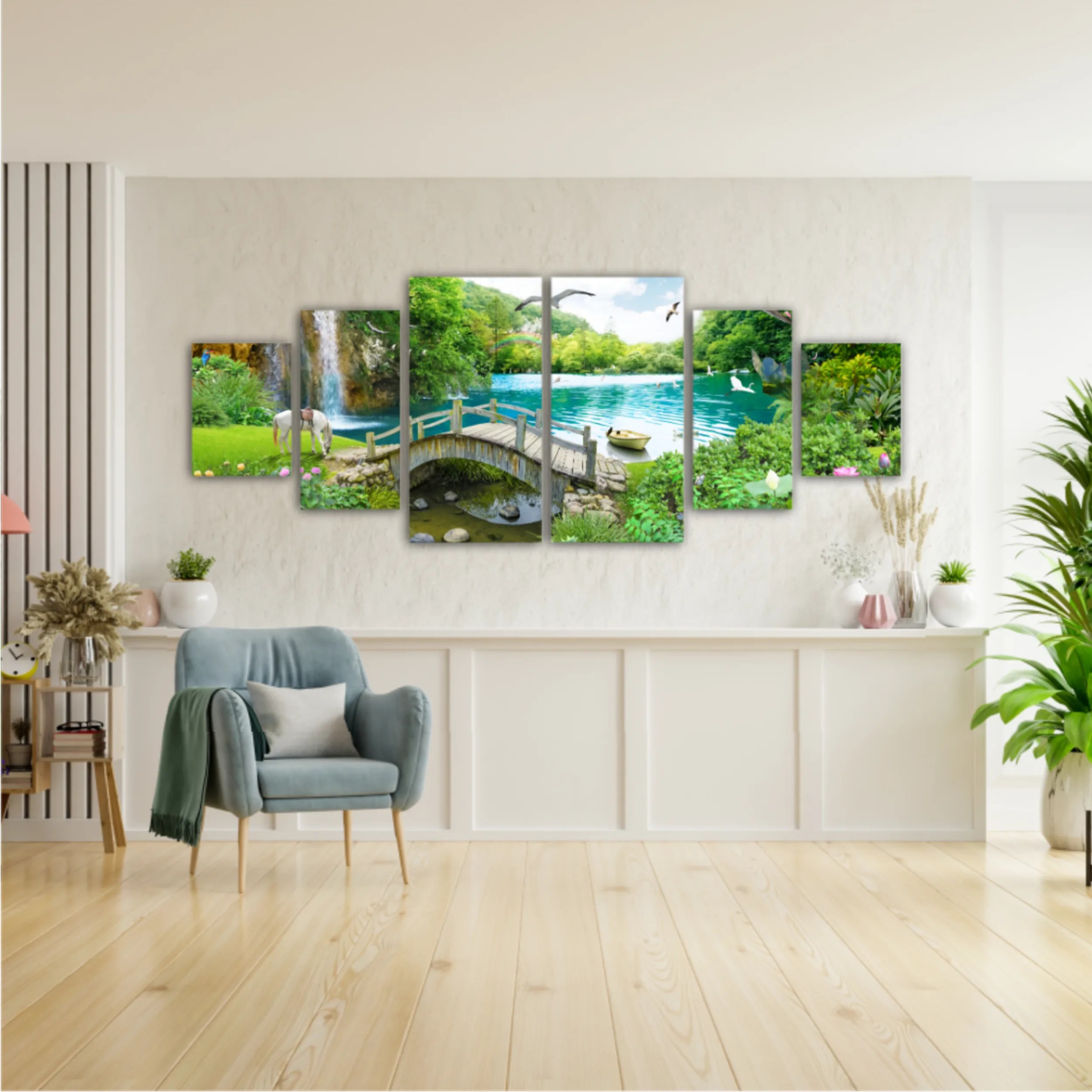 tropical view with waterfall, lake, bird, white horse and wood bridge