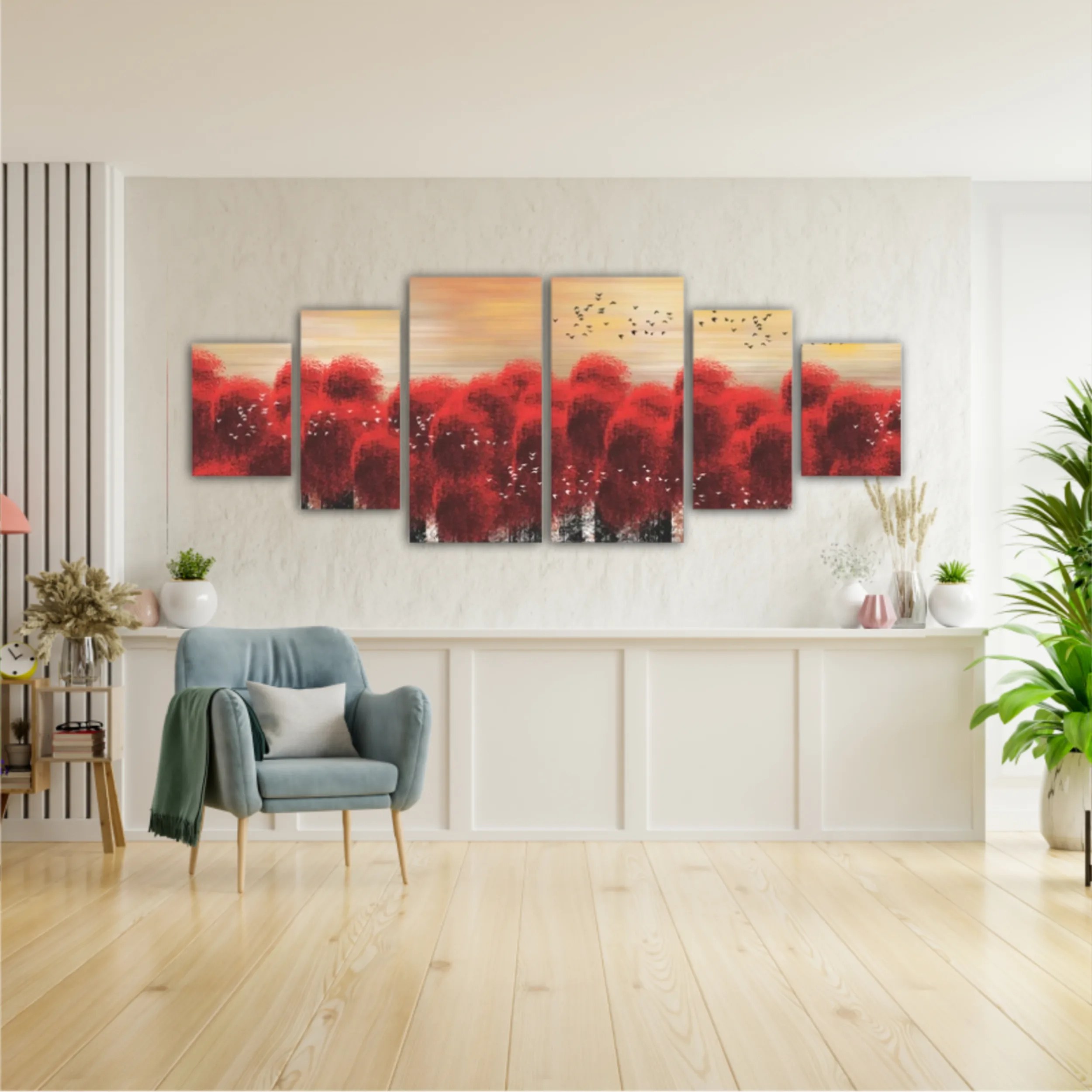 3d illustration image of red tree forest and flock of birds flying in the sky