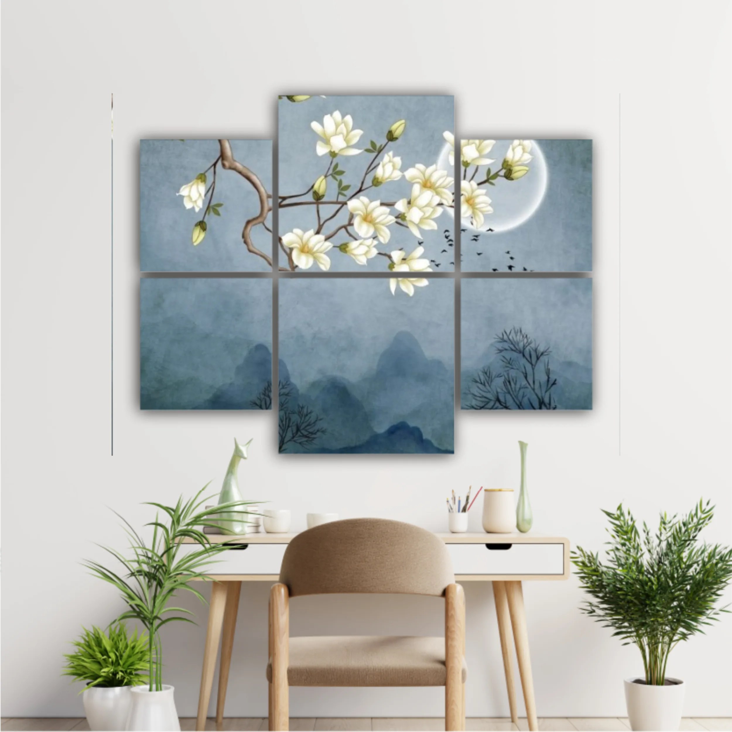 3d illustration of flowers, moon, flock of birds and mountains