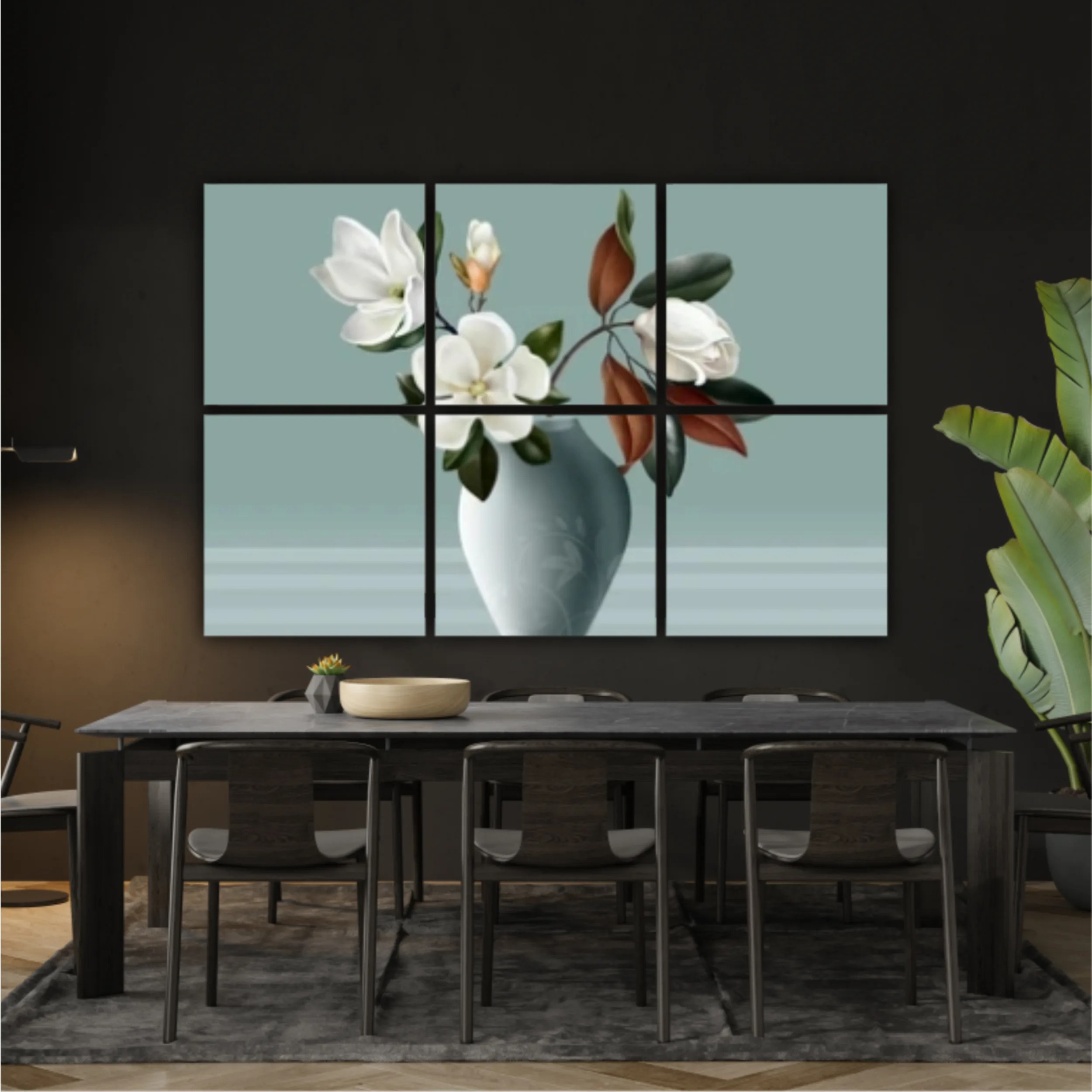 Illustration 3d vases of magnolia. Modern fashion for decor and wallpaper. Digital abstract art