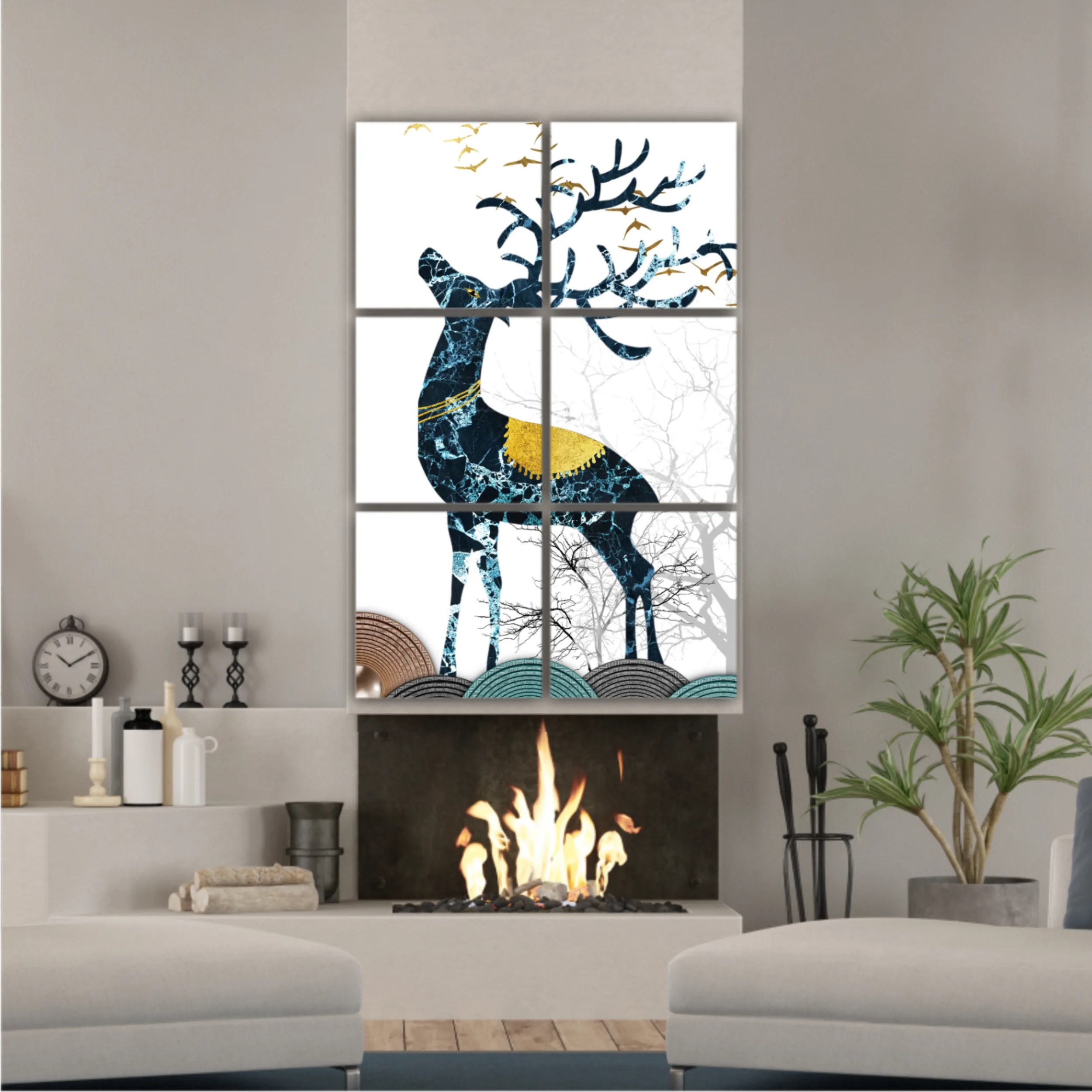 3d illustration of green deer on the mountain and dry trees