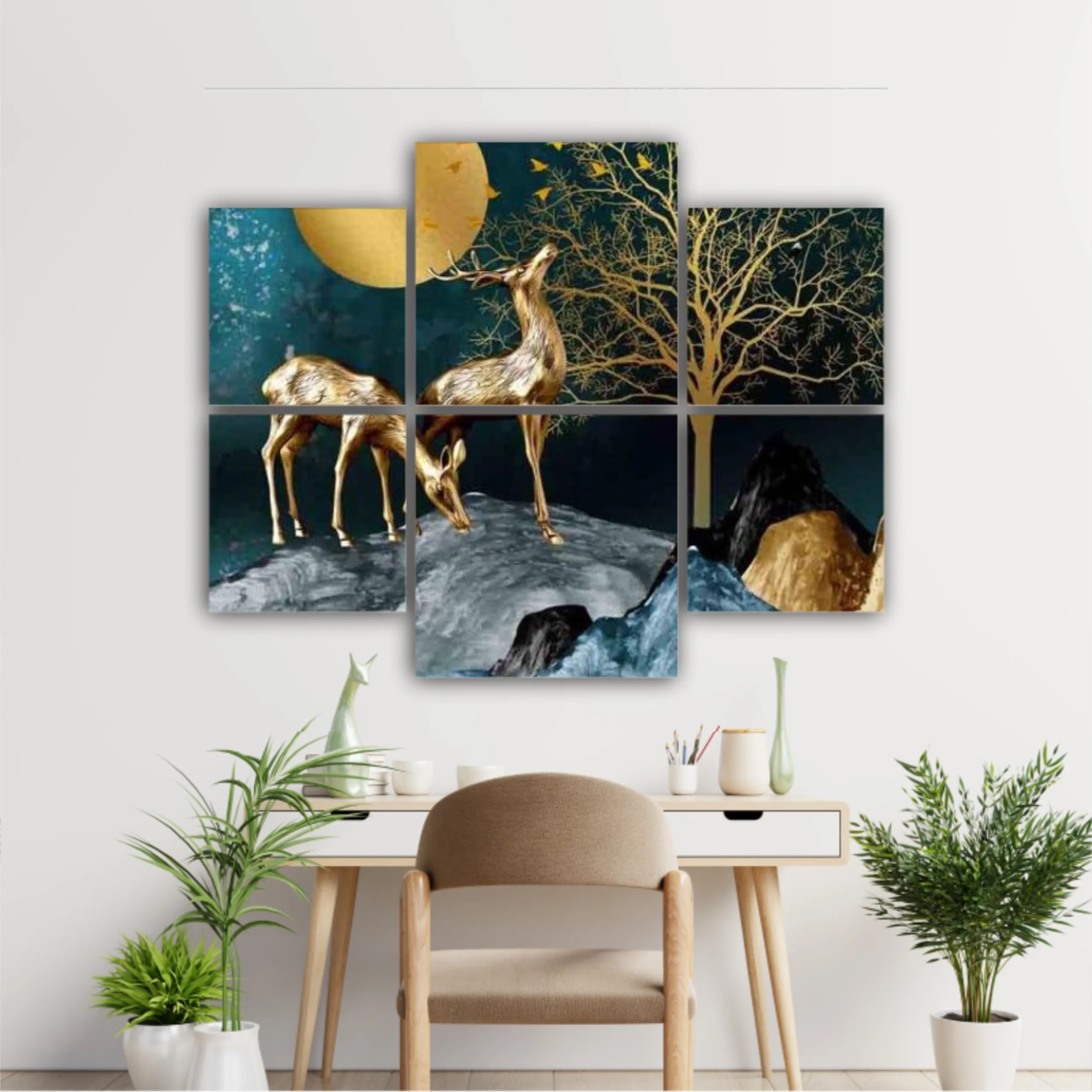 3d illustration of golden deer in the mountain. Luxurious abstract art digital painting