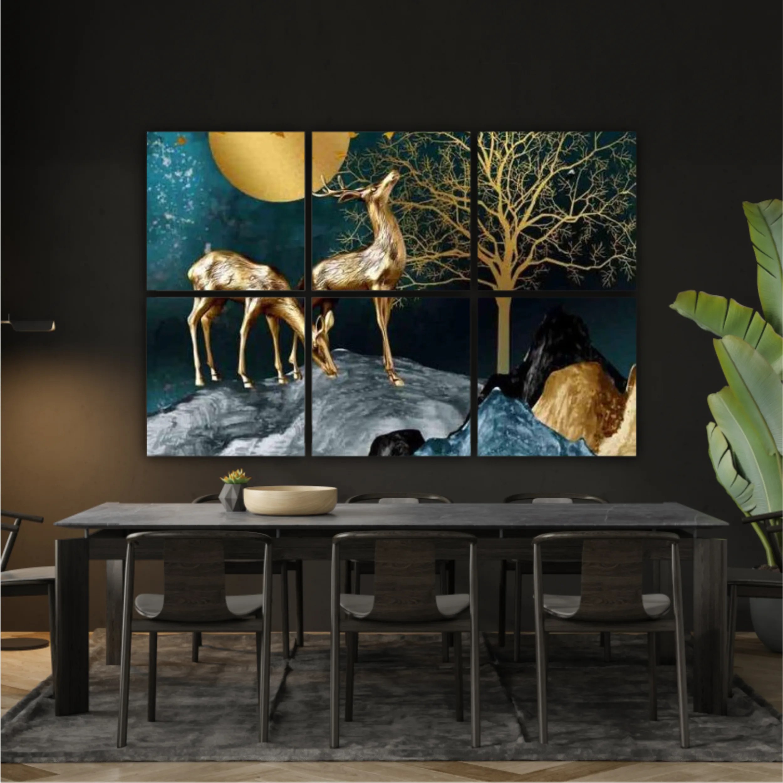 3d illustration of golden deer in the mountain. Luxurious abstract art digital painting