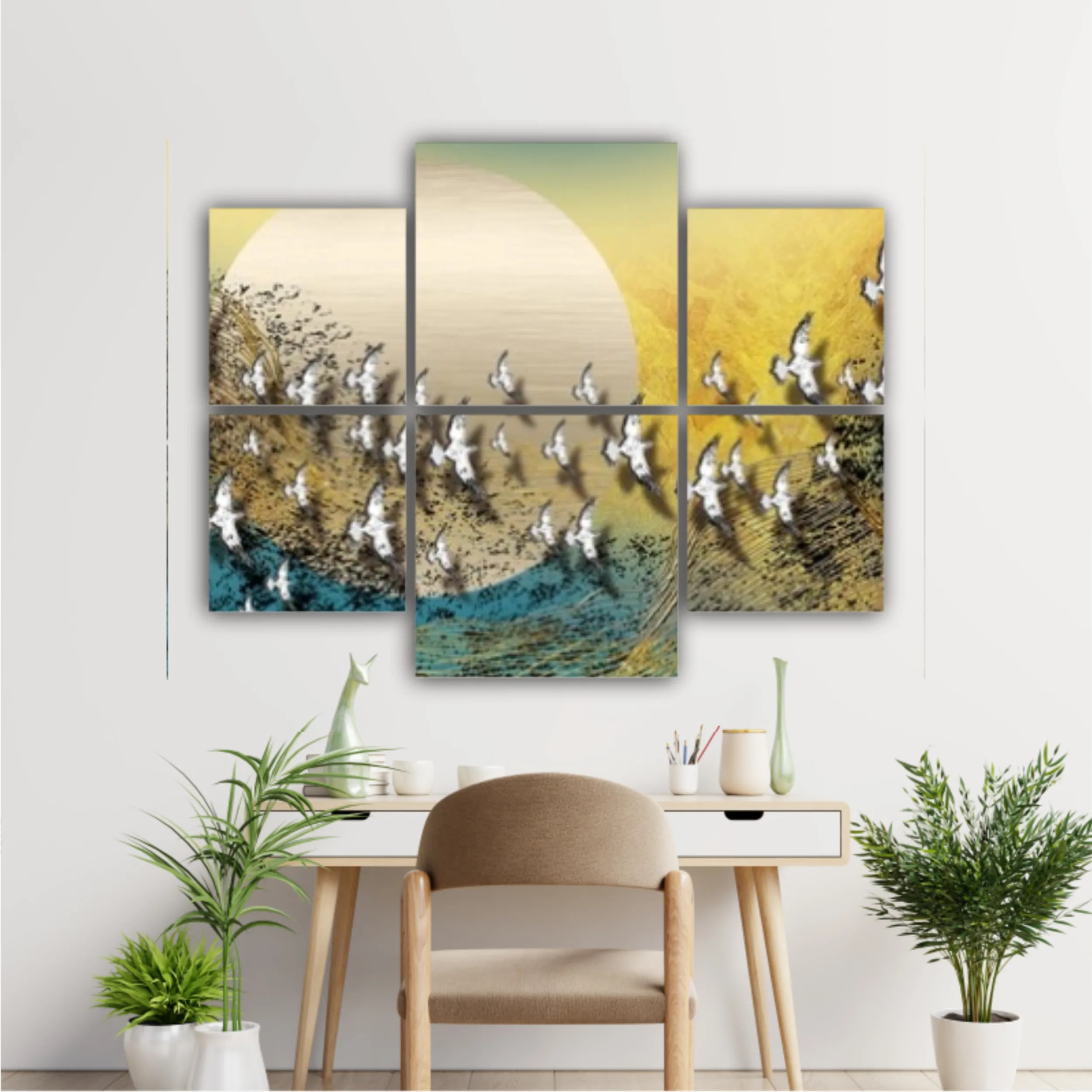 3d illustration of white flock of birds flying over the moon. Luxurious abstract art digital painting