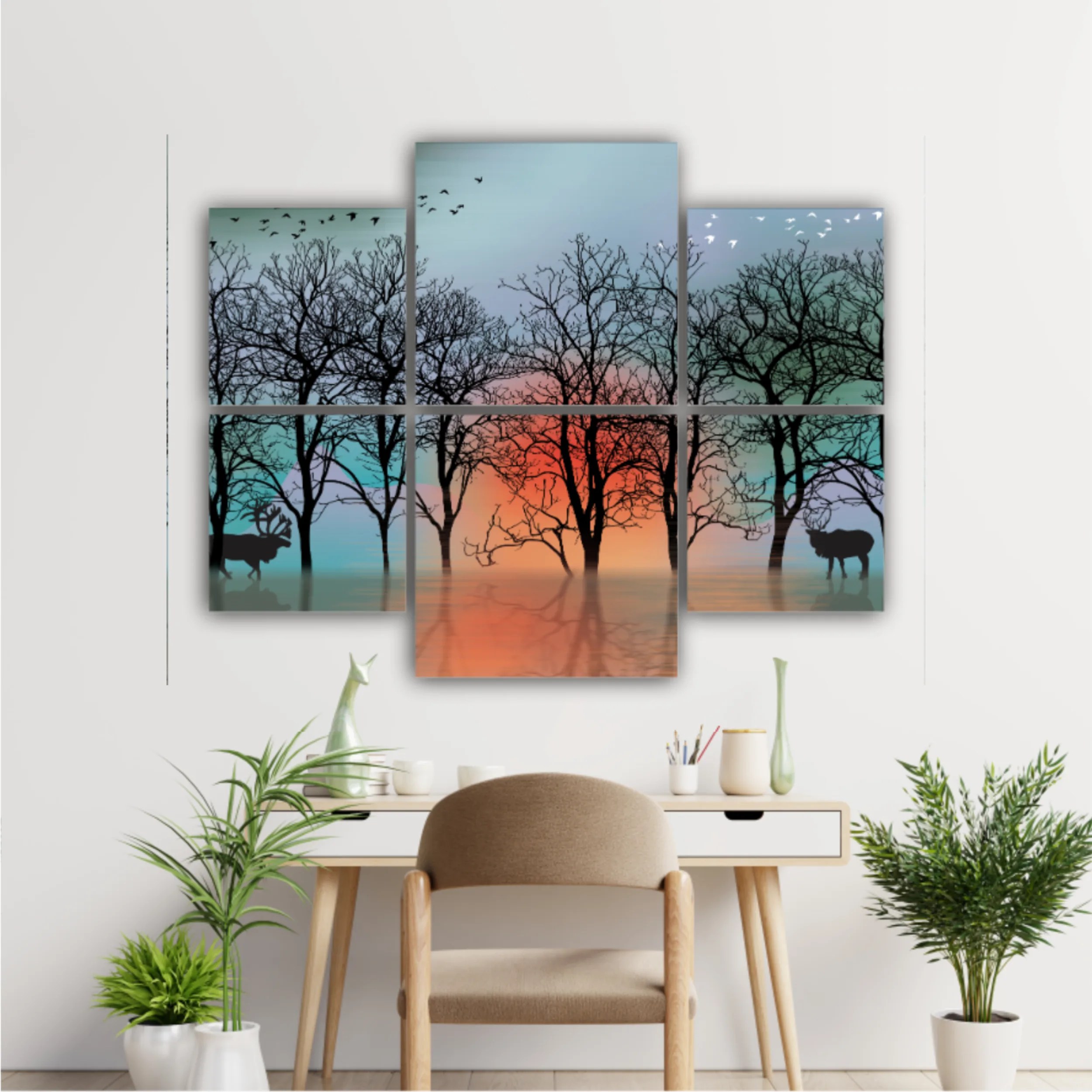 3d illustration of deer and forest, reflection of landscape. Luxurious abstract art digital painting