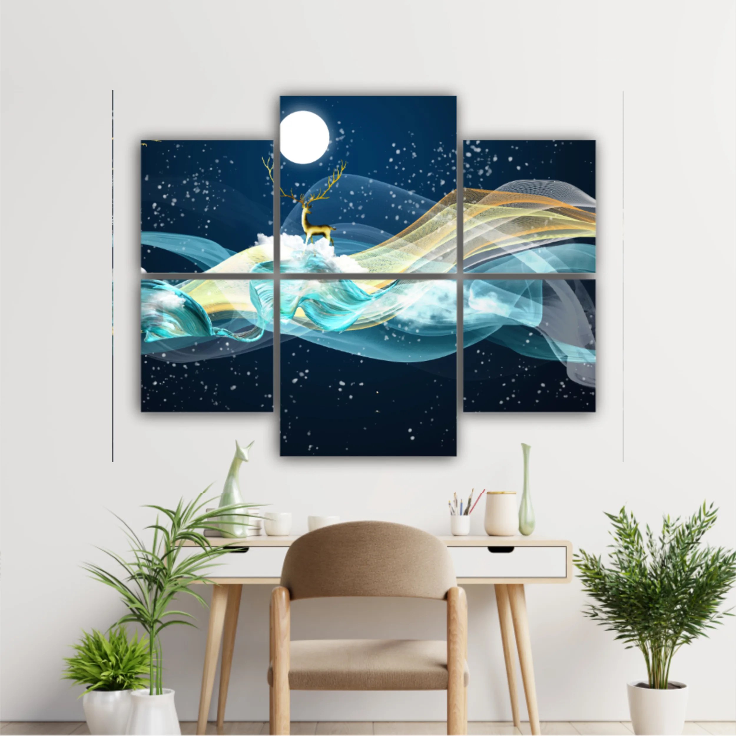 3d illustration of golden deer in the sky. Luxurious abstract art digital painting