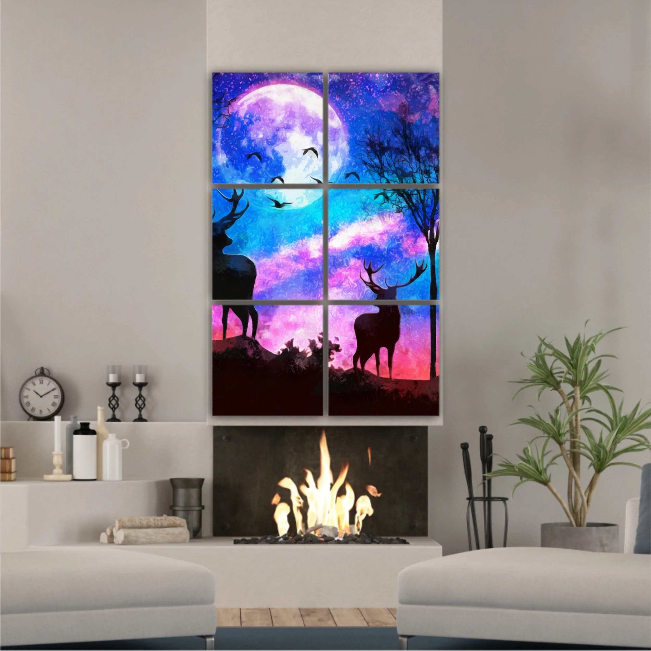 Deers in a forest at night with dark blue misty background with moon