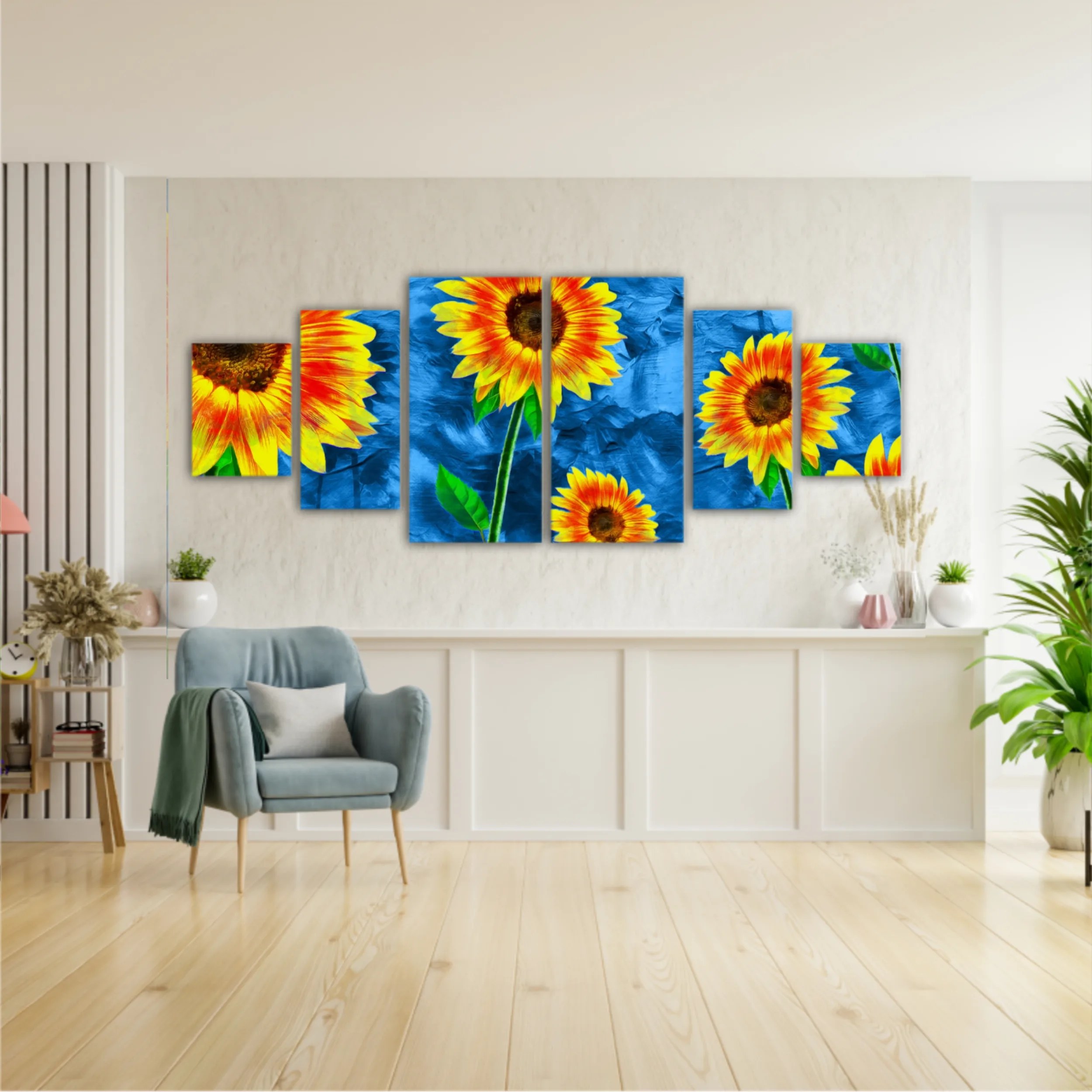 Yellow sunflowers on blue abstract background