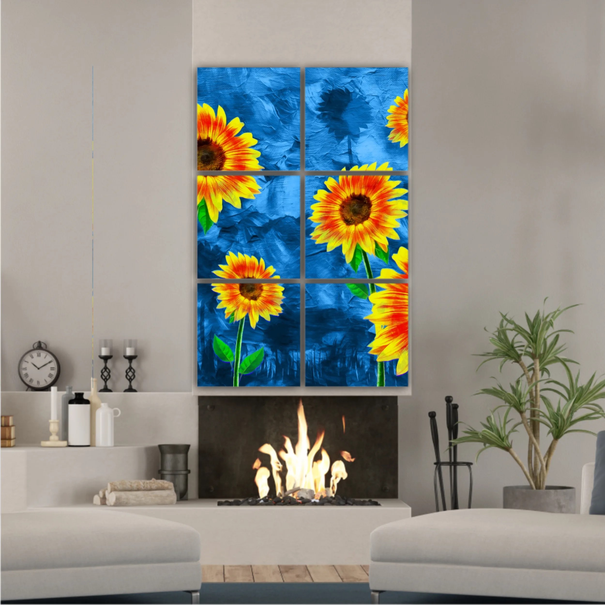 Yellow sunflowers on blue abstract background