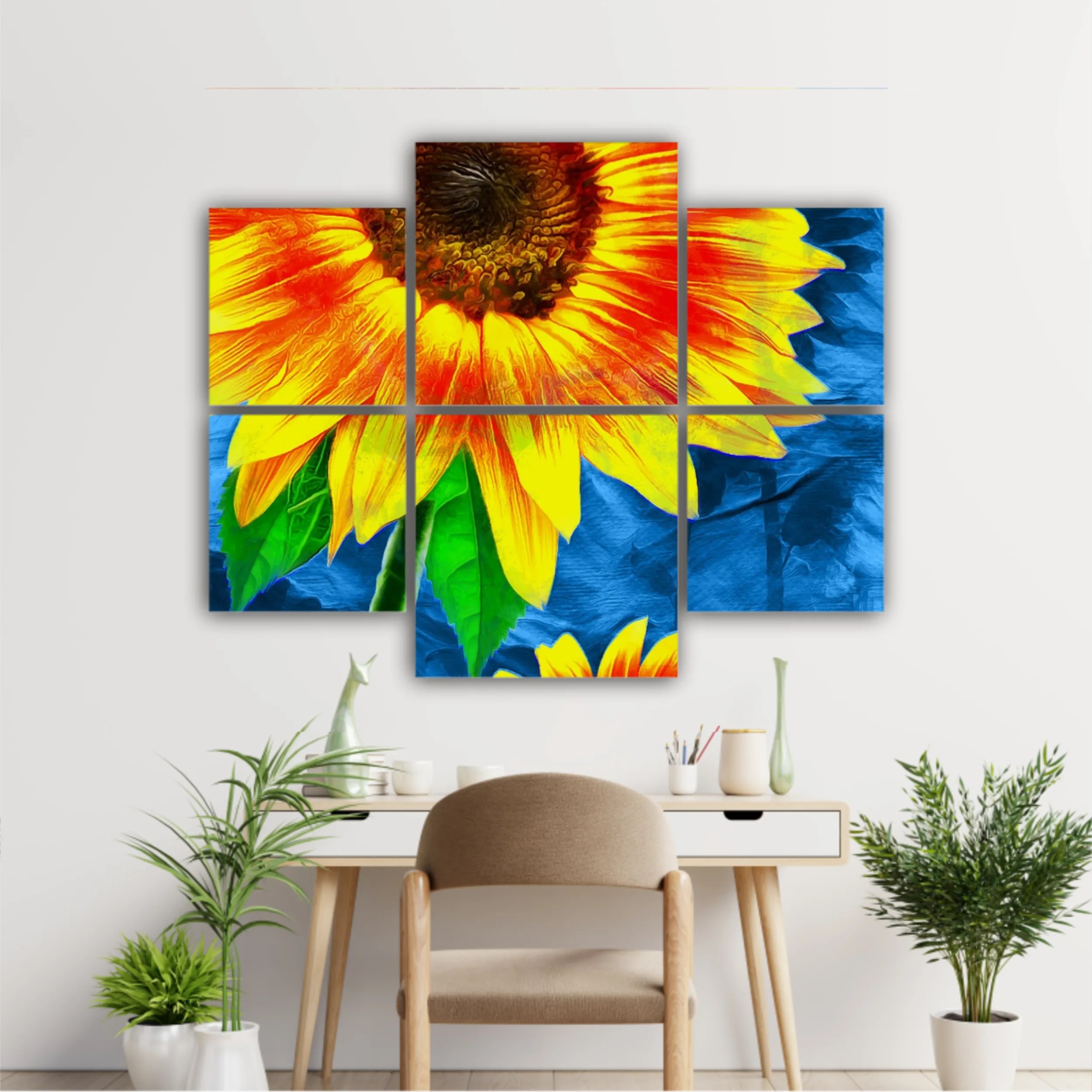 Yellow sunflowers on blue abstract background N1