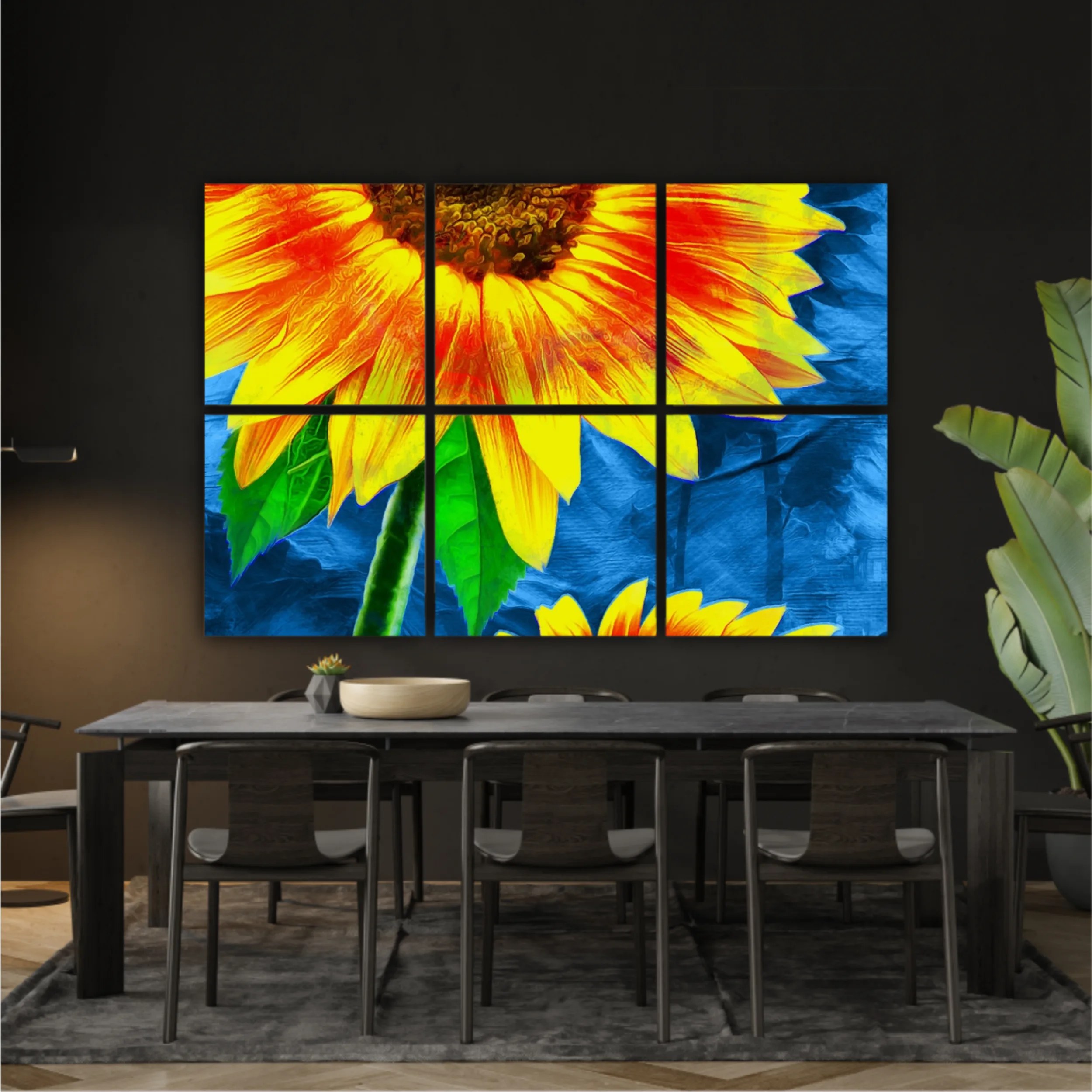 Yellow sunflowers on blue abstract background N1