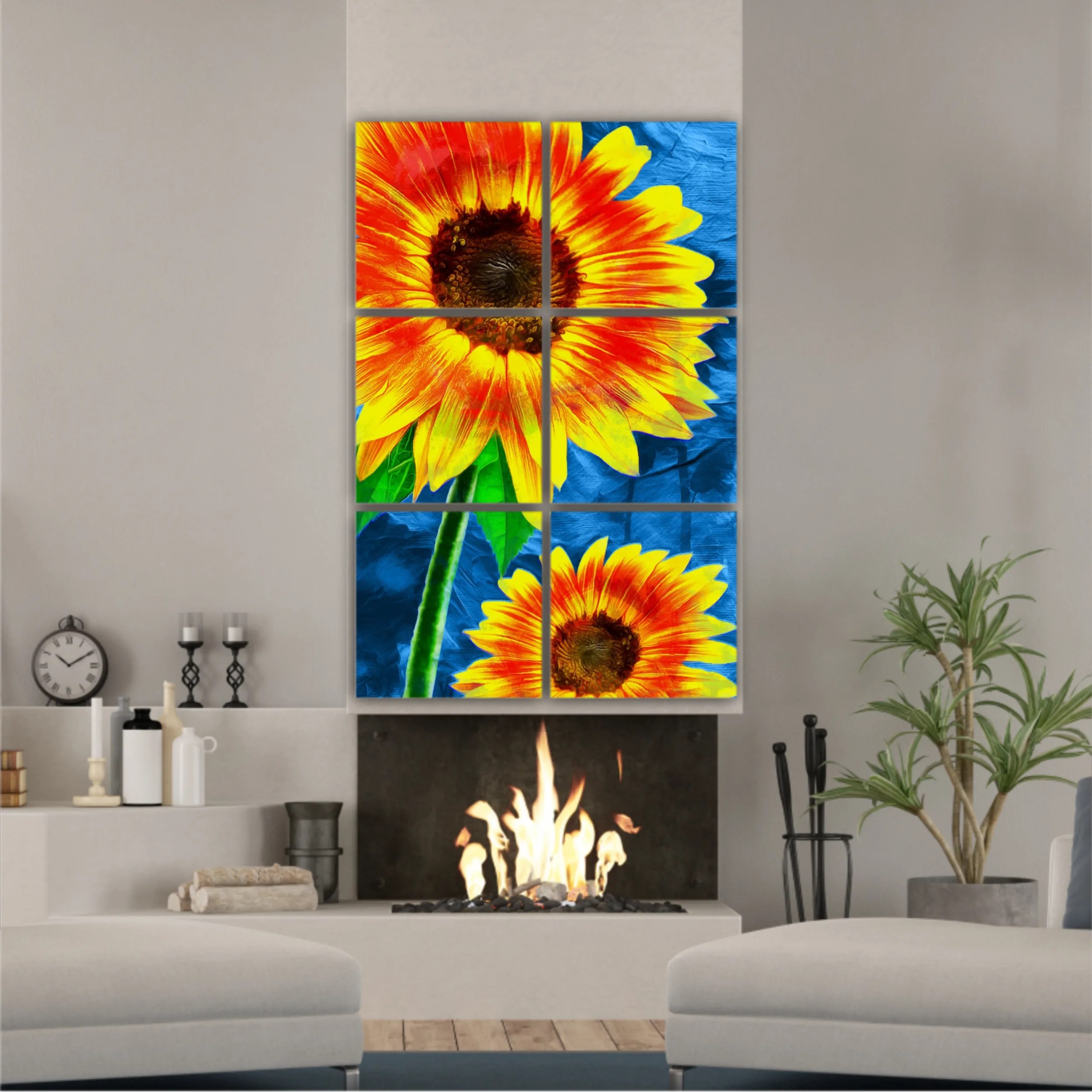 Yellow sunflowers on blue abstract background N1