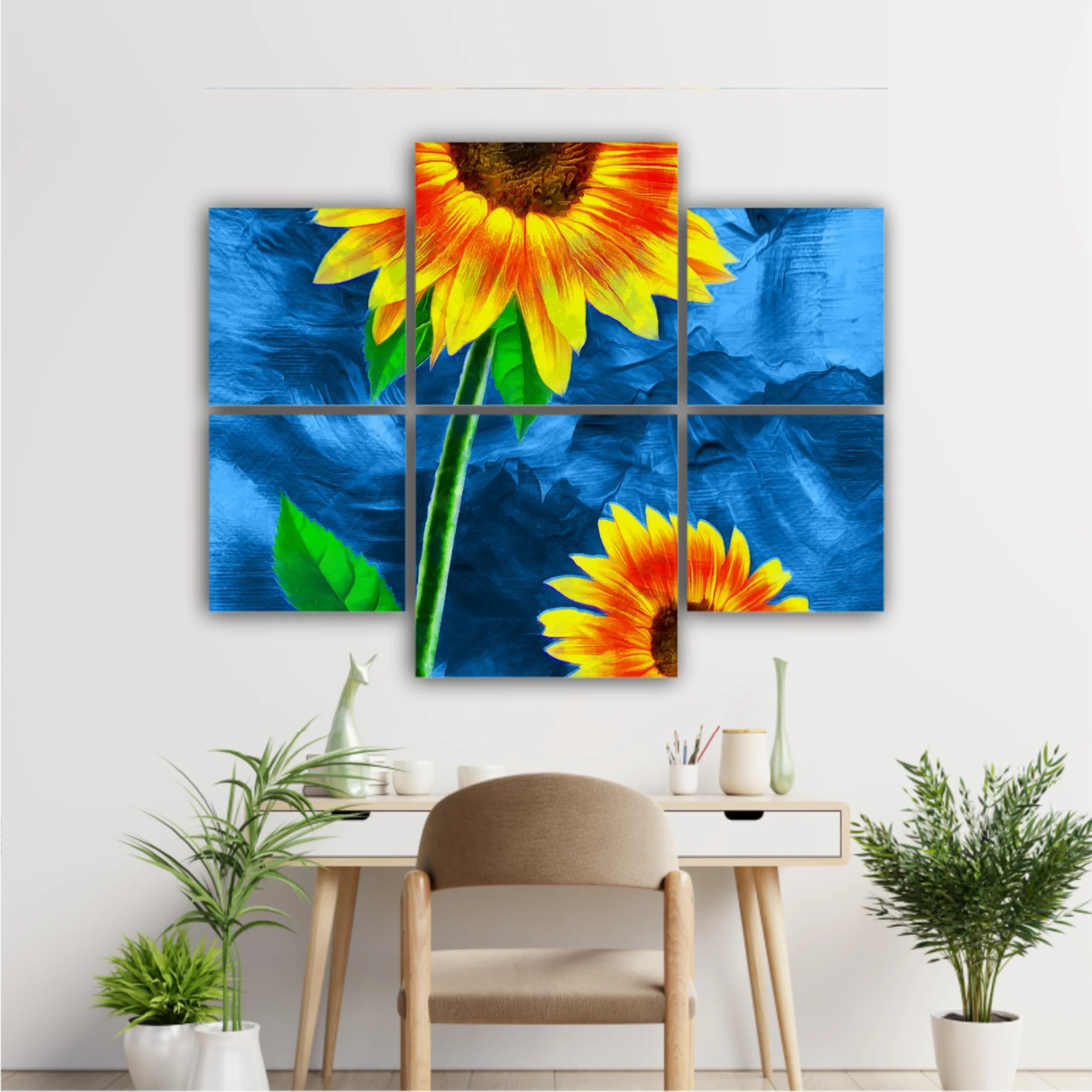 Yellow sunflowers on blue abstract background N2