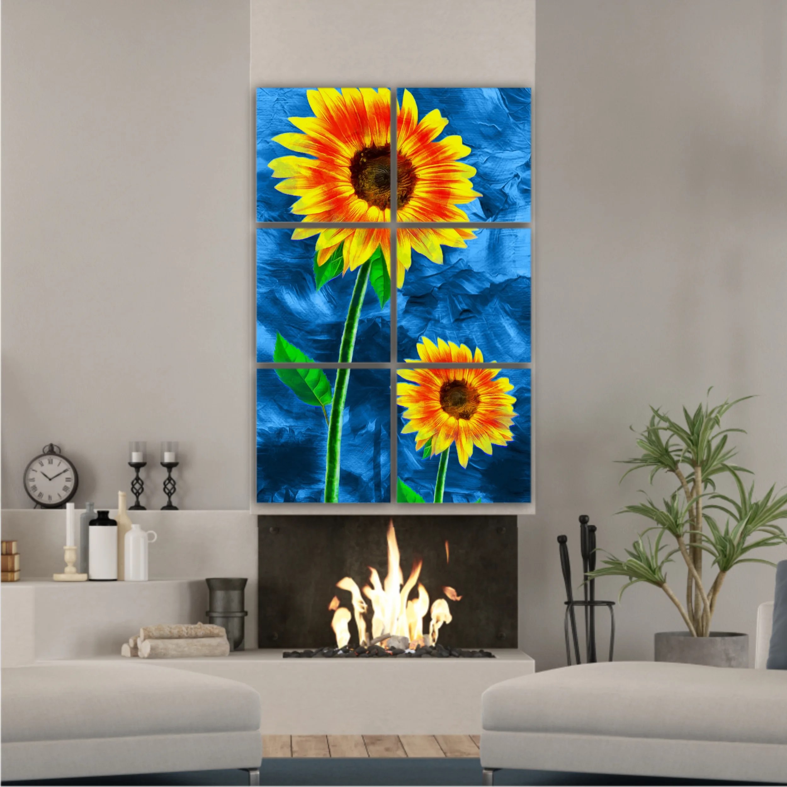 Yellow sunflowers on blue abstract background N2