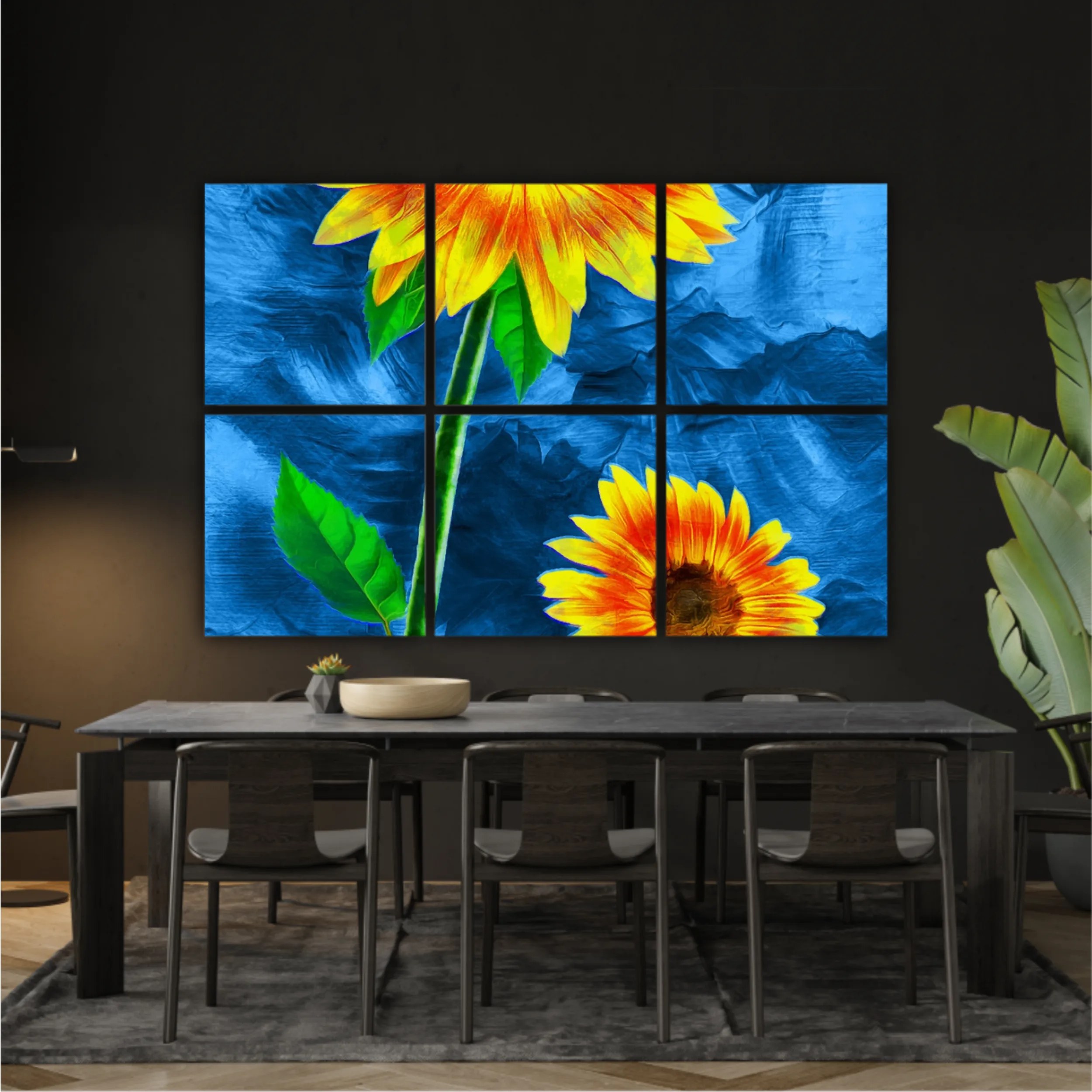 Yellow sunflowers on blue abstract background N3